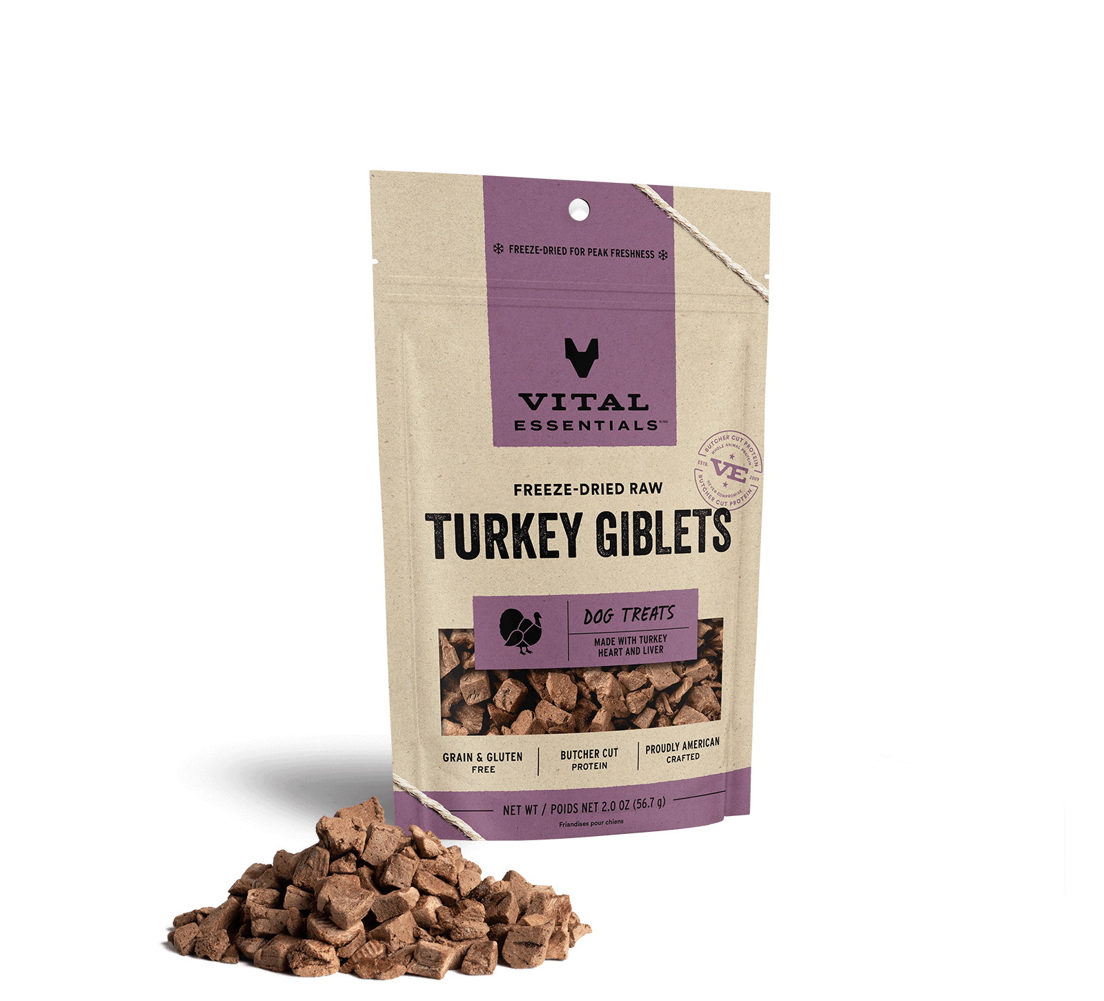 Vital Essentials Freeze-Dried Raw Turkey Giblets Dog Treats, 2.0 oz - Treats