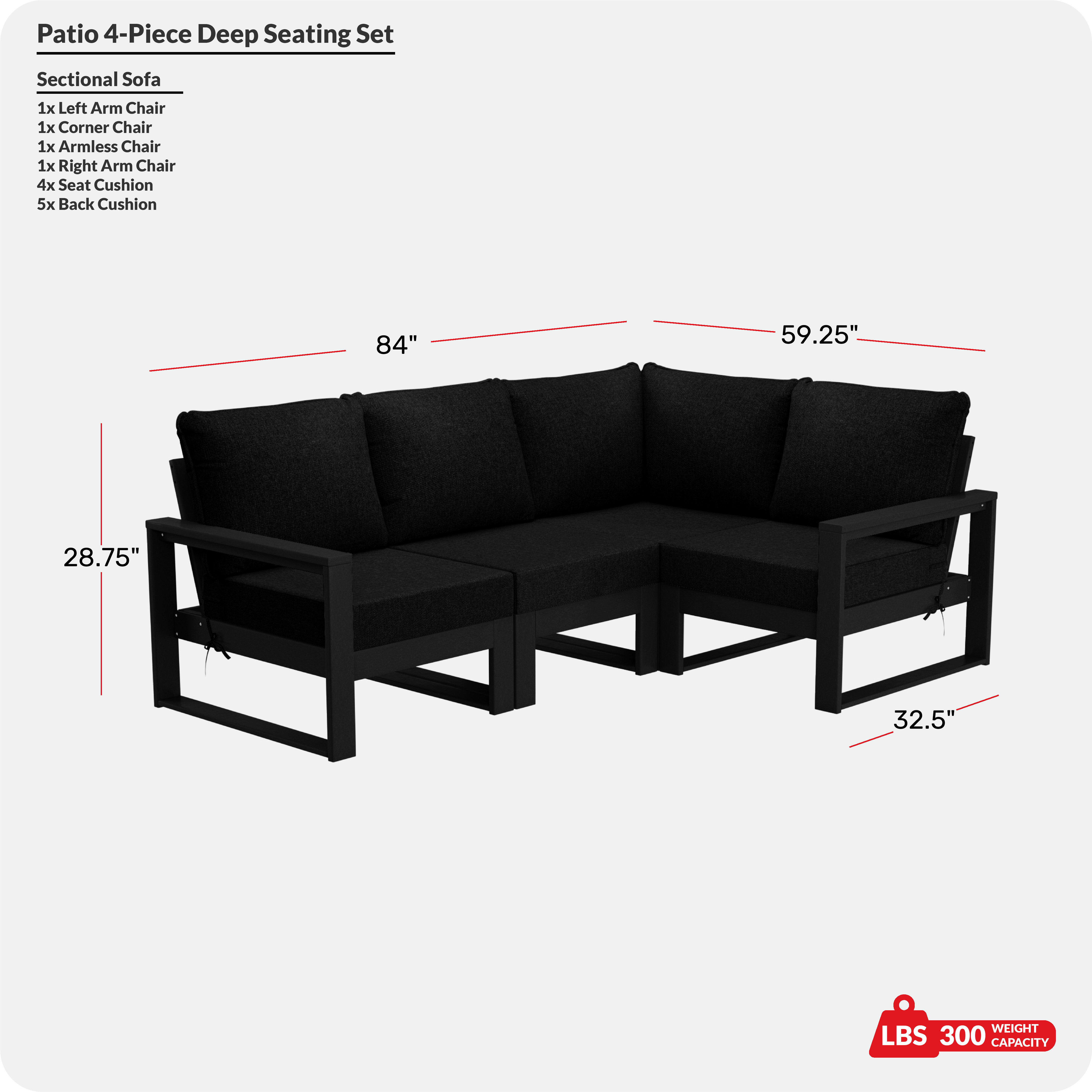 Outdoor 4-Piece HDPE L-Shaped Modular Patio Sofa Furniture SetCOS Spec Image