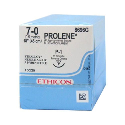 PROLENE® Polypropylene Blue Monofilament Sutures, 7-0, P-1, Precision Point-Reverse Cutting, 18" - 12/Box