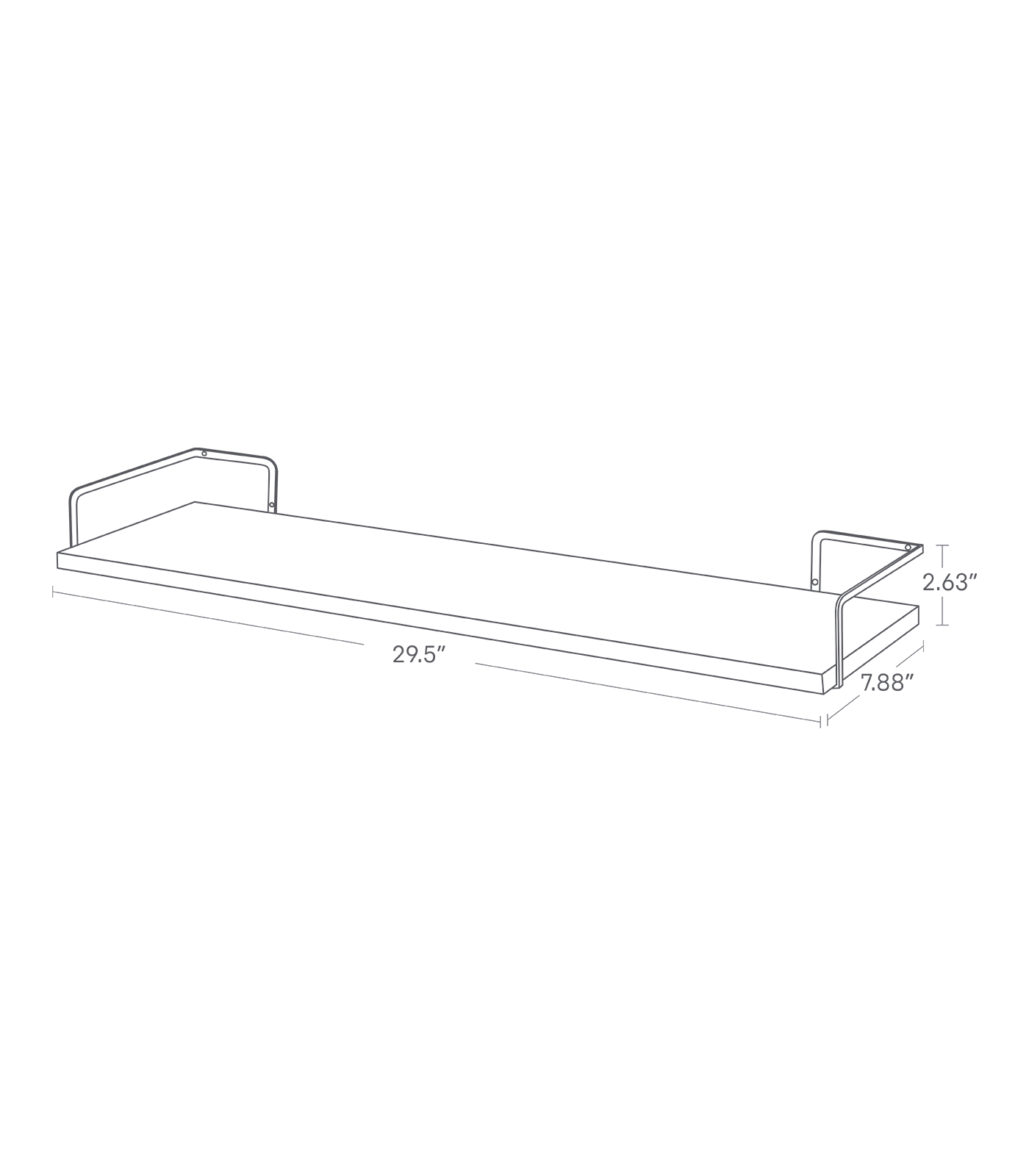 Dimension image for Wall-Mounted Shelfon a white background showinglength of 29.5", width of 7.88",the coner frame height of 2.63".