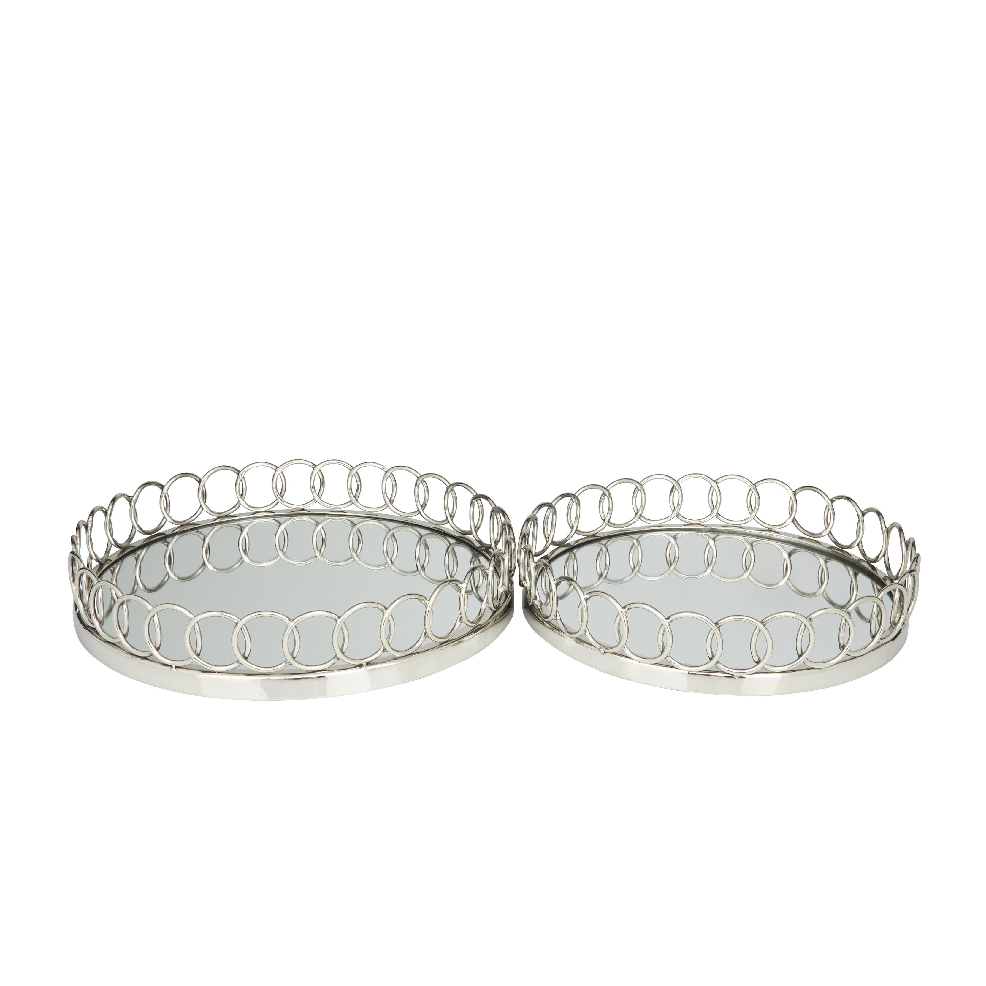 Silver Stainless Steel Metal  Mirrored Living Room Decor Tray with Circle Patterned Sides, Set of 2 16", 14"W