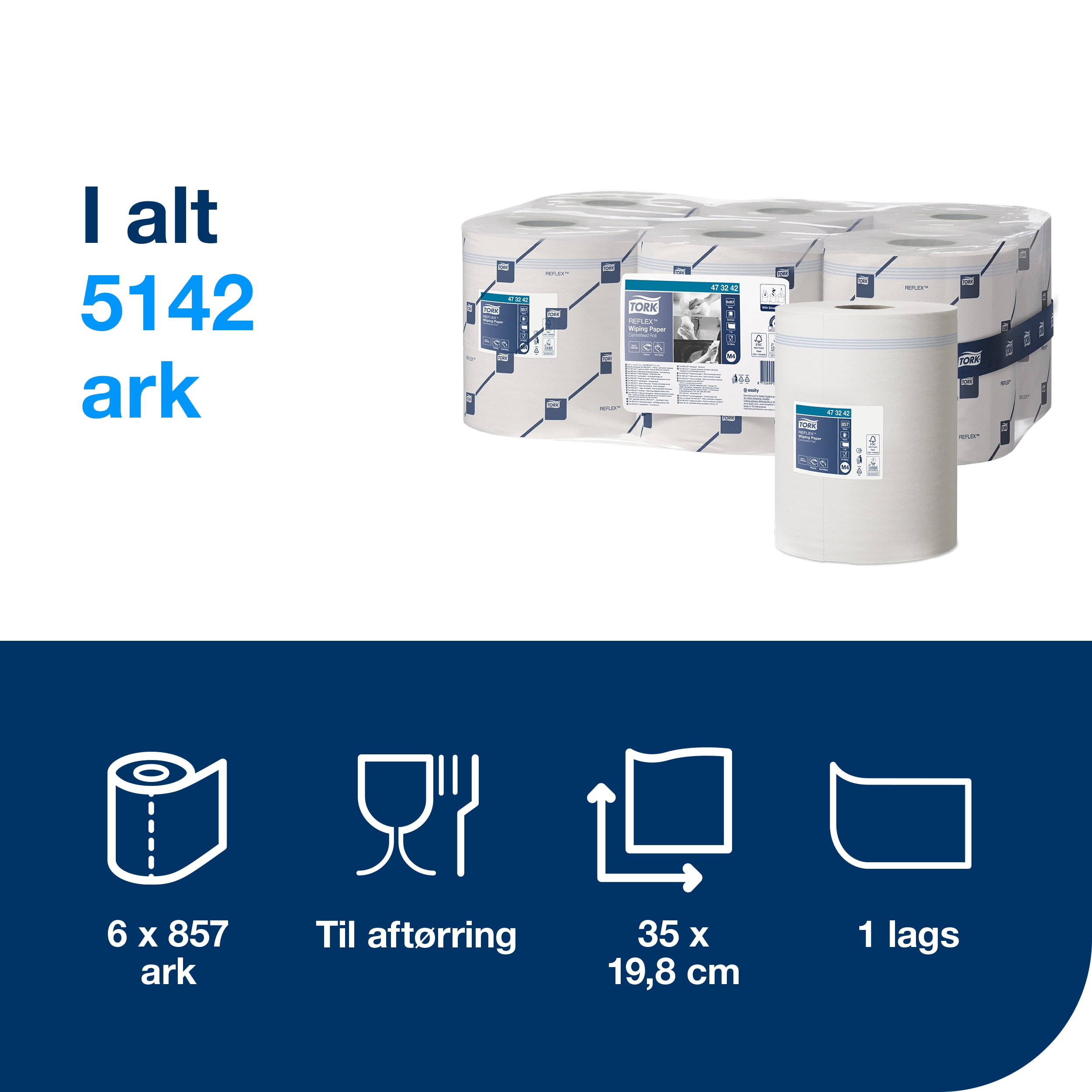 Aftørringsrulle, Centertræk, 1 lag, 6 ruller, Tork Reflex Standard Midi M4
