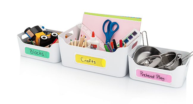 adhesive pockets and labeling cards for storage bins