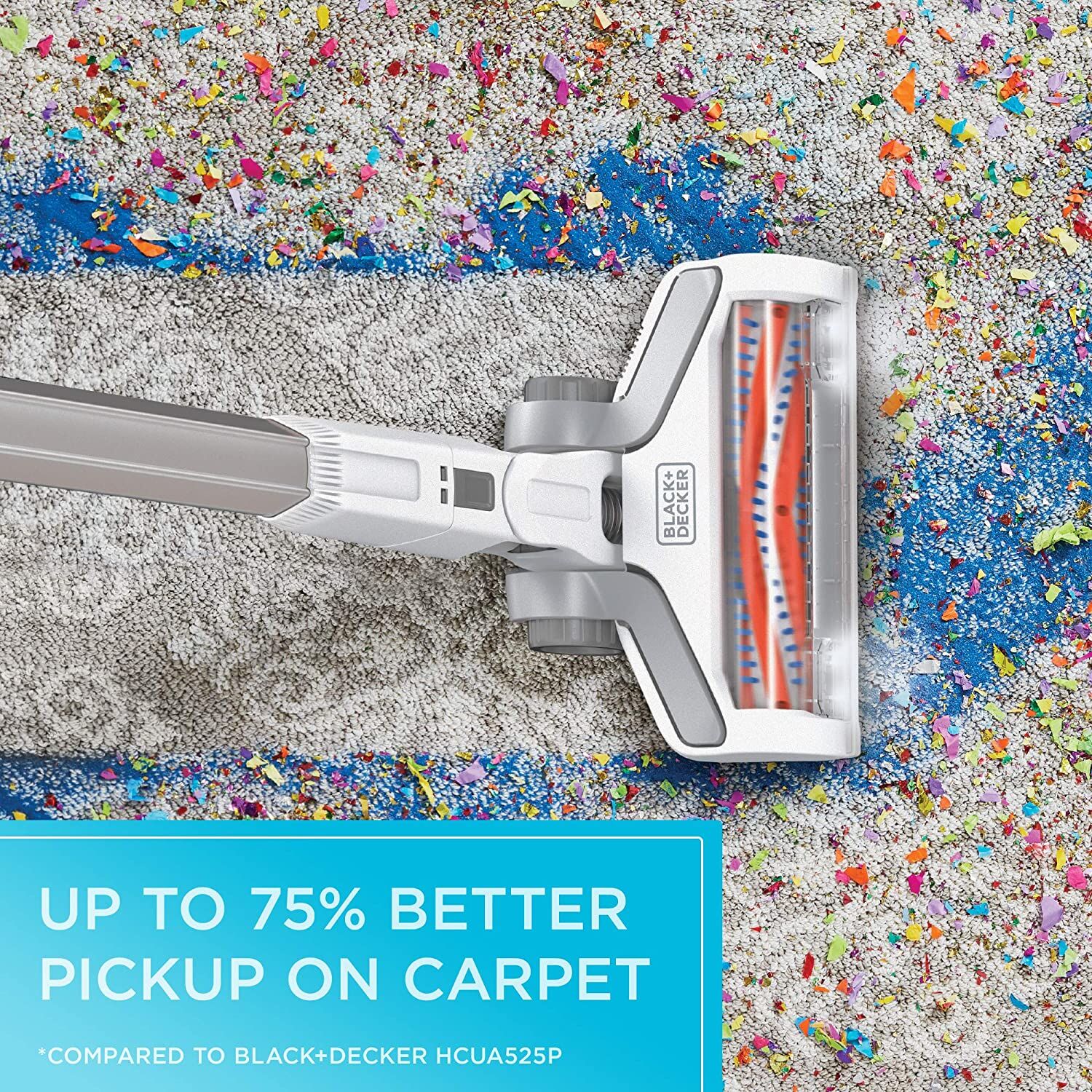 Overhead view of Black and Decker Power series extreme 20 volt max stick vacuum cleaning up colorful debris from a carpet floor