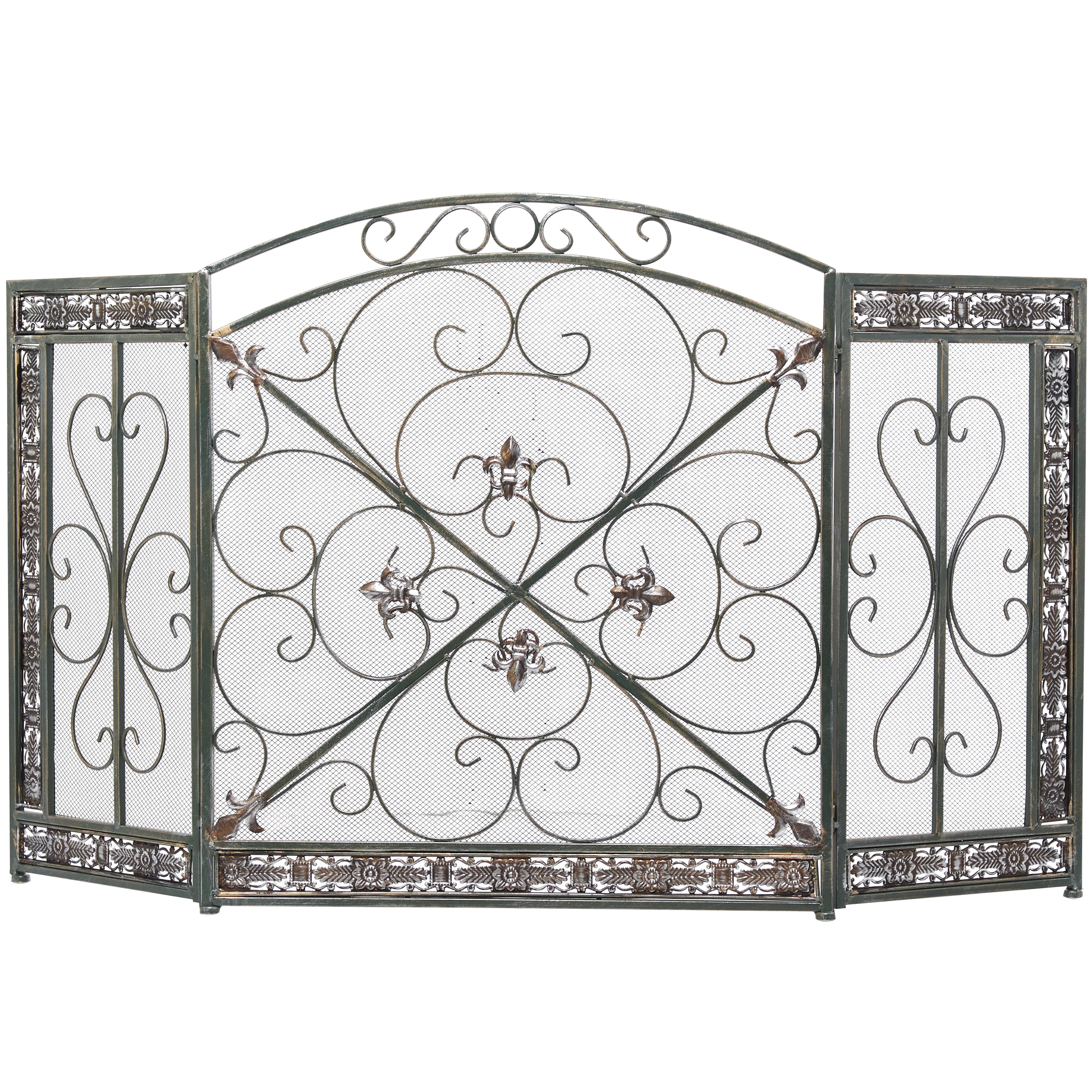 Green Metal Fleur De Lis Foldable Arched 3 Panel Living Room Fireplace Screen, 52" x 1" x 31"