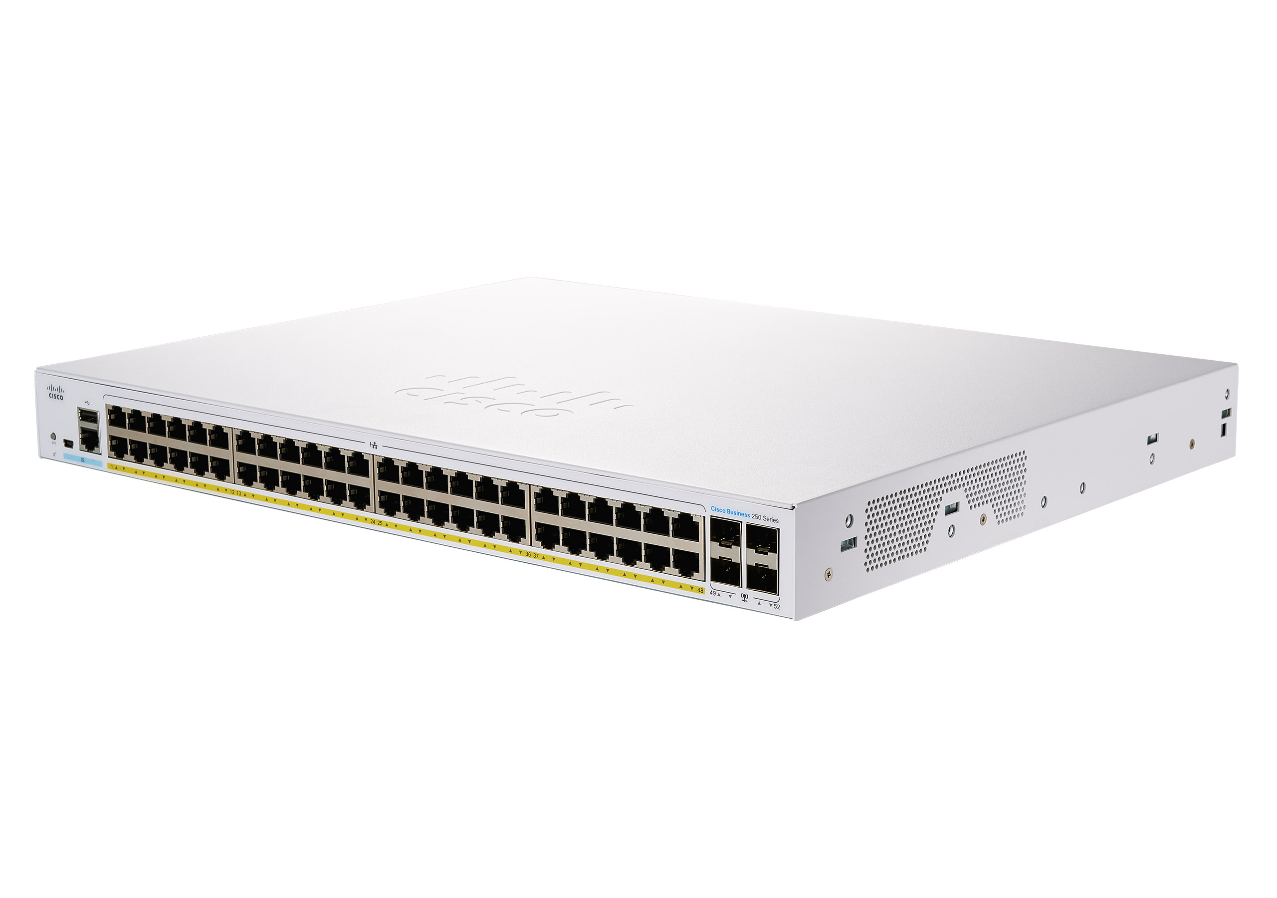Picture of Cisco Business CBS250-48P-4G 48 Ports Manageable Ethernet Switch - 3 Layer Supported - Modular - 370 W PoE Budget - Optical Fiber, Twisted Pair - PoE Ports - Rack-mountable - Lifetime Limited Warranty