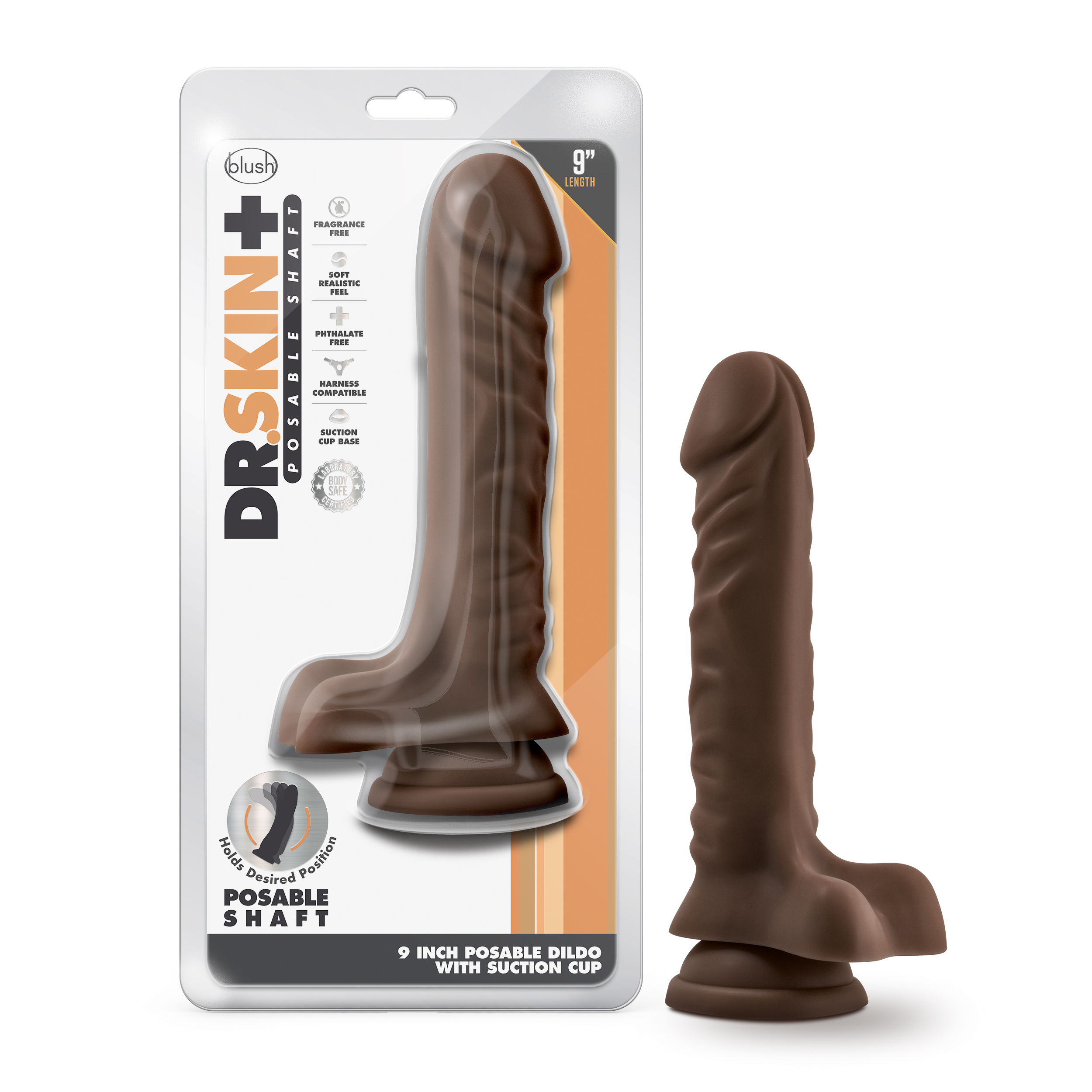 Blush Dr. Skin Plus Realistic Chocolate 9-Inch Long Dildo With Balls & Suction Cup Base