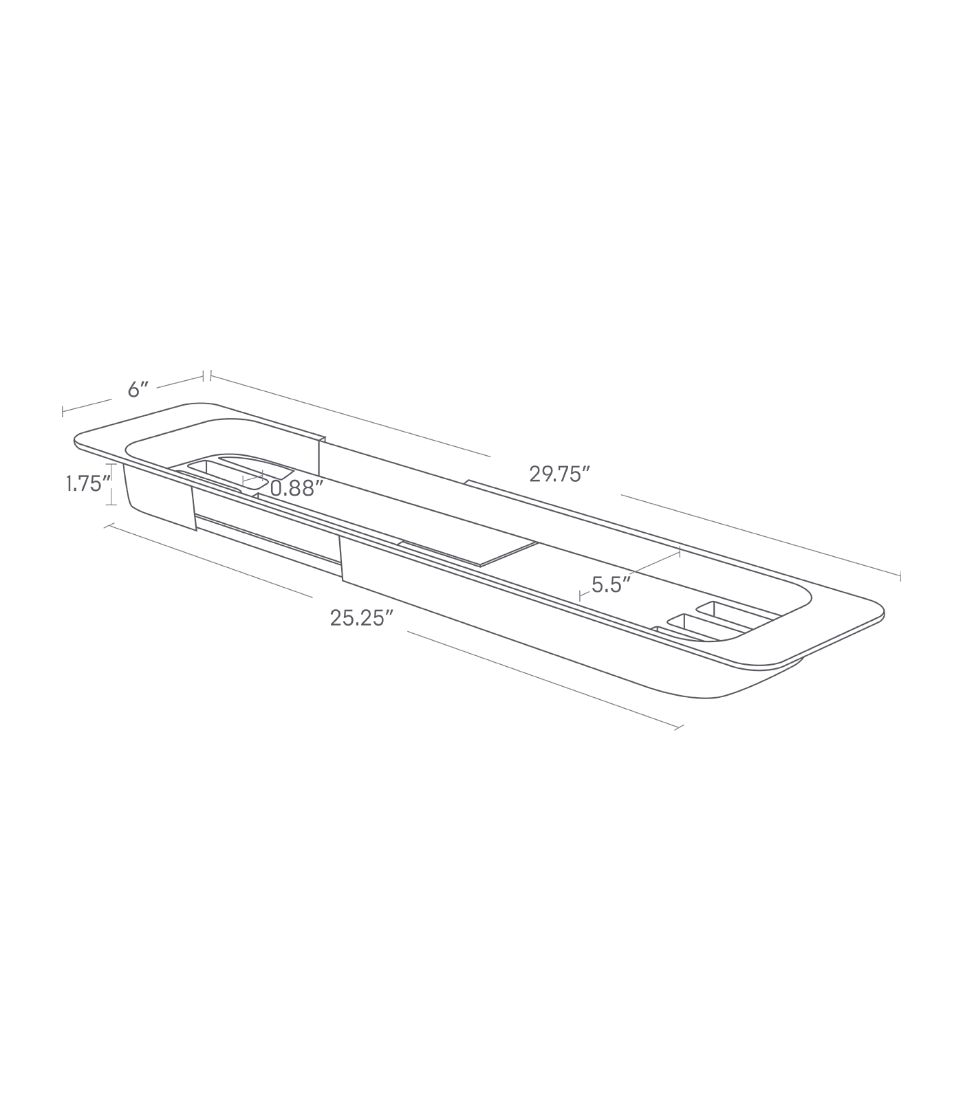 Dimension image for Expandable Bathtub Caddy showing a total length of 25.25" fully expanded 29.75", outer width of 6" and inner width of 5.5", height of 1.75". Inner slats are 0.88".