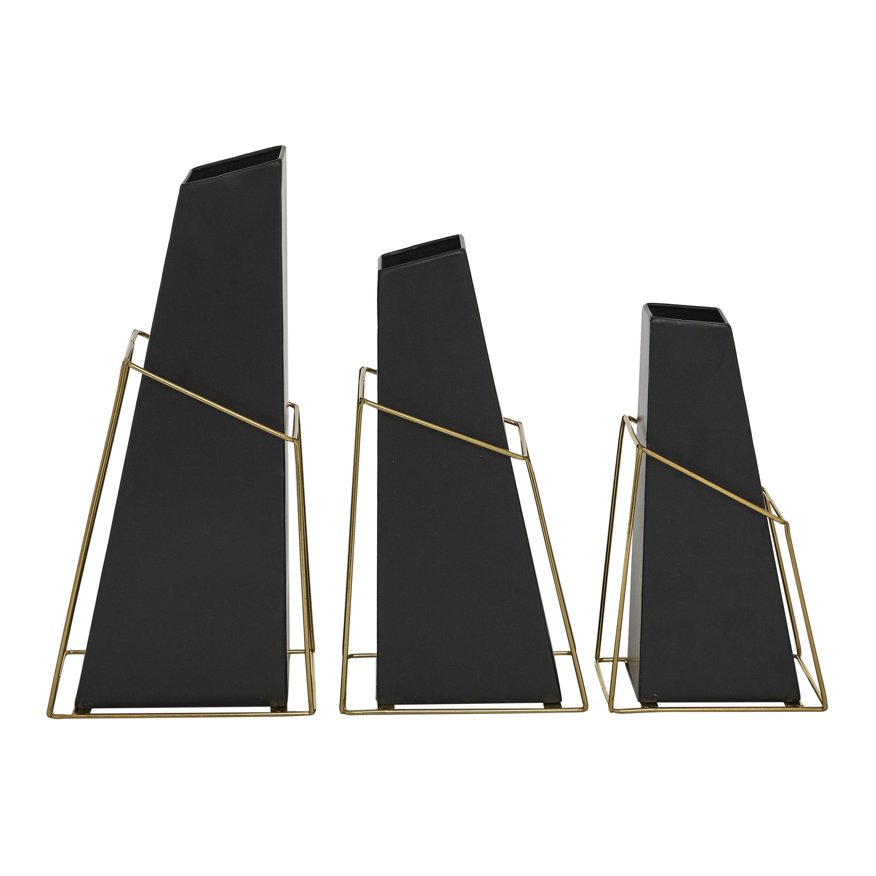 Black Metal  Vase with Gold Wire Accents, Set of 3 10", 12", 14"H