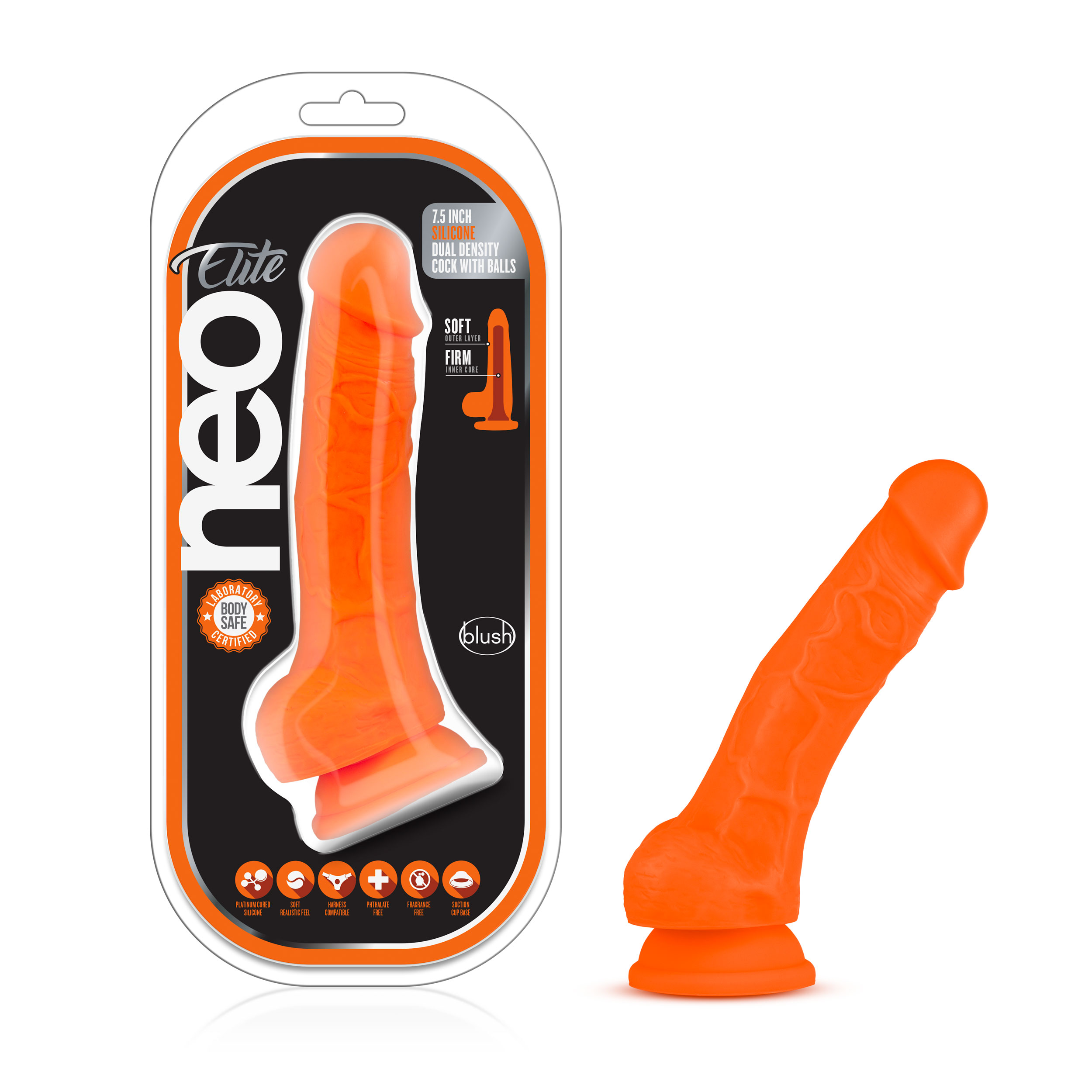 Blush Neo Elite? / Neon Orange: 7.5-Inch Long Dildo - Made with Purio? Silicone & SensaFeel? Dual Density Realistic Technology