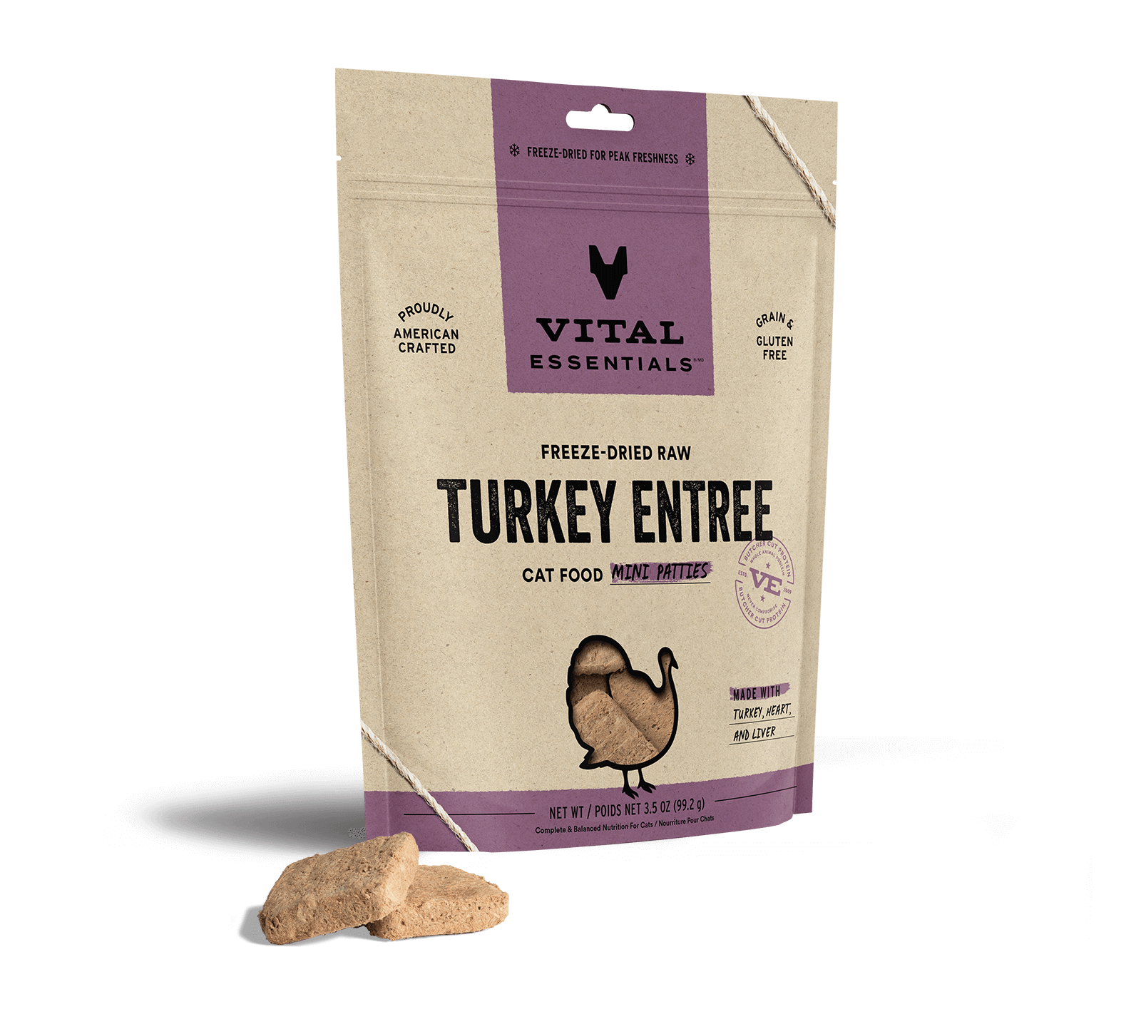 Vital Essentials Freeze-Dried Raw Turkey Entree Cat Food Mini Patties, 3.5 oz - Food
