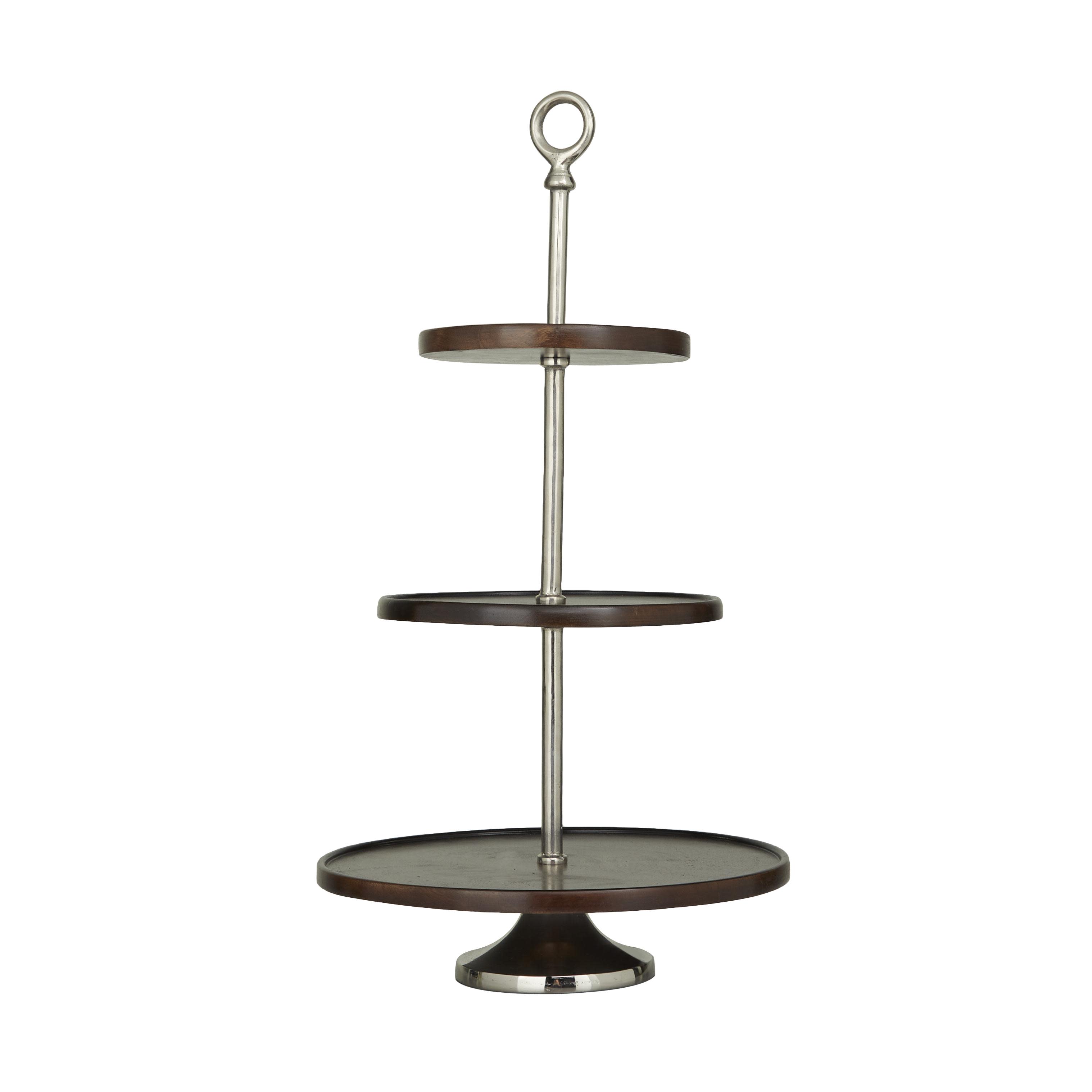 Dark Brown Mango Wood  3 Level Tiered Server with Aluminum Bases, 14" x 14" x 25"