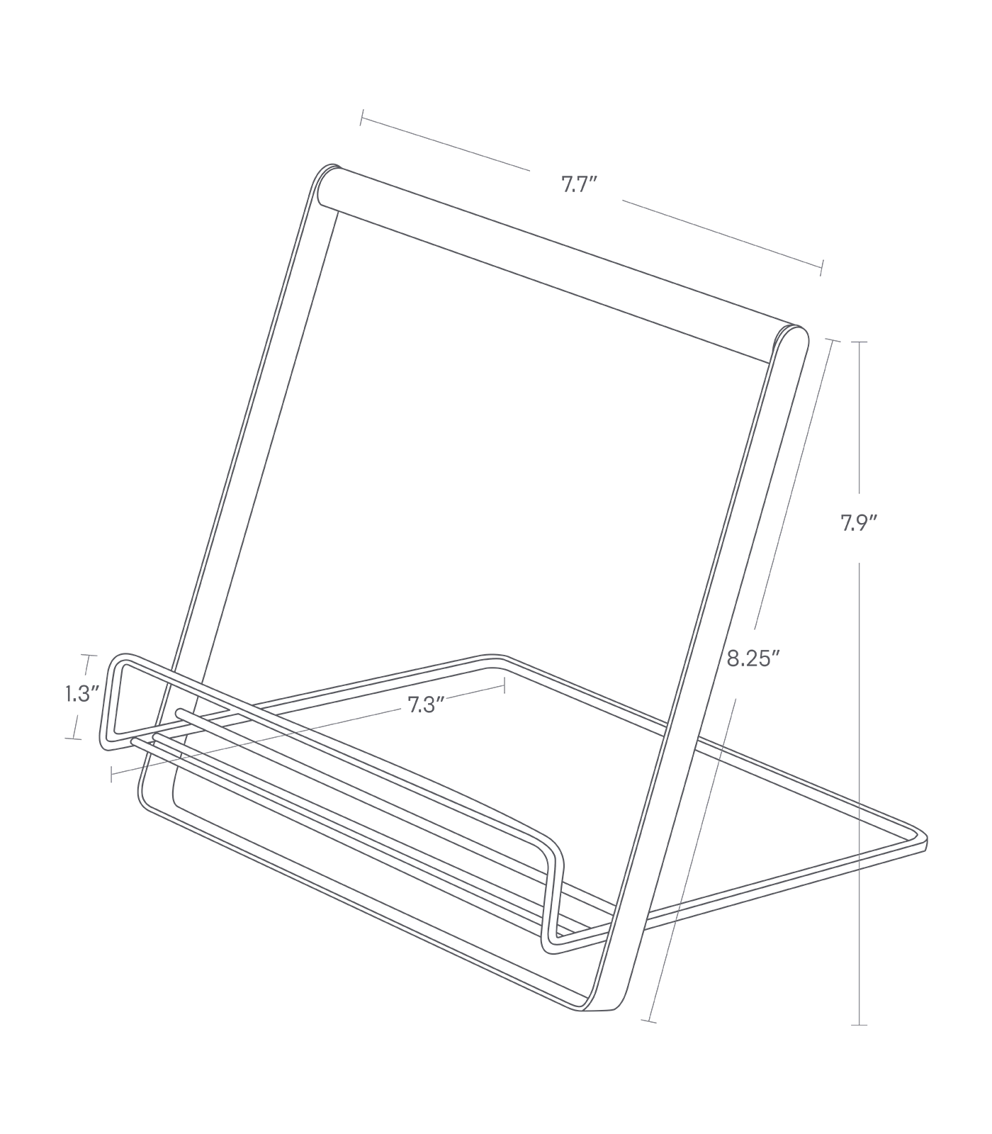 Dimension image for Tablet and Cookbook Stand showing total height of 7.9", length of 7.3", width of 7.7" and length of the front panel bar of 8.25" and bottom panel height of 1.3"