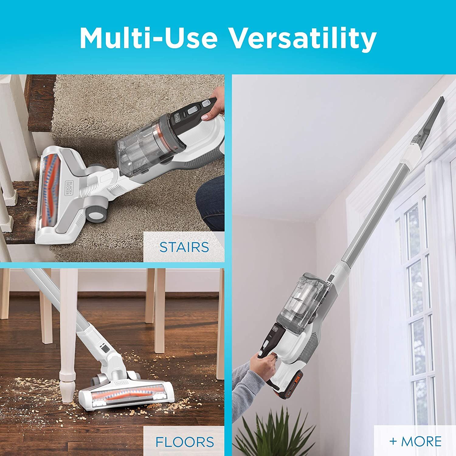 Images featuring Black and decker Power series extreme 20 volt max stick vacuum versatile uses including cleaning a carpet on stairs, cleaning up mess from a hardwood floor & cleaning dust above a window