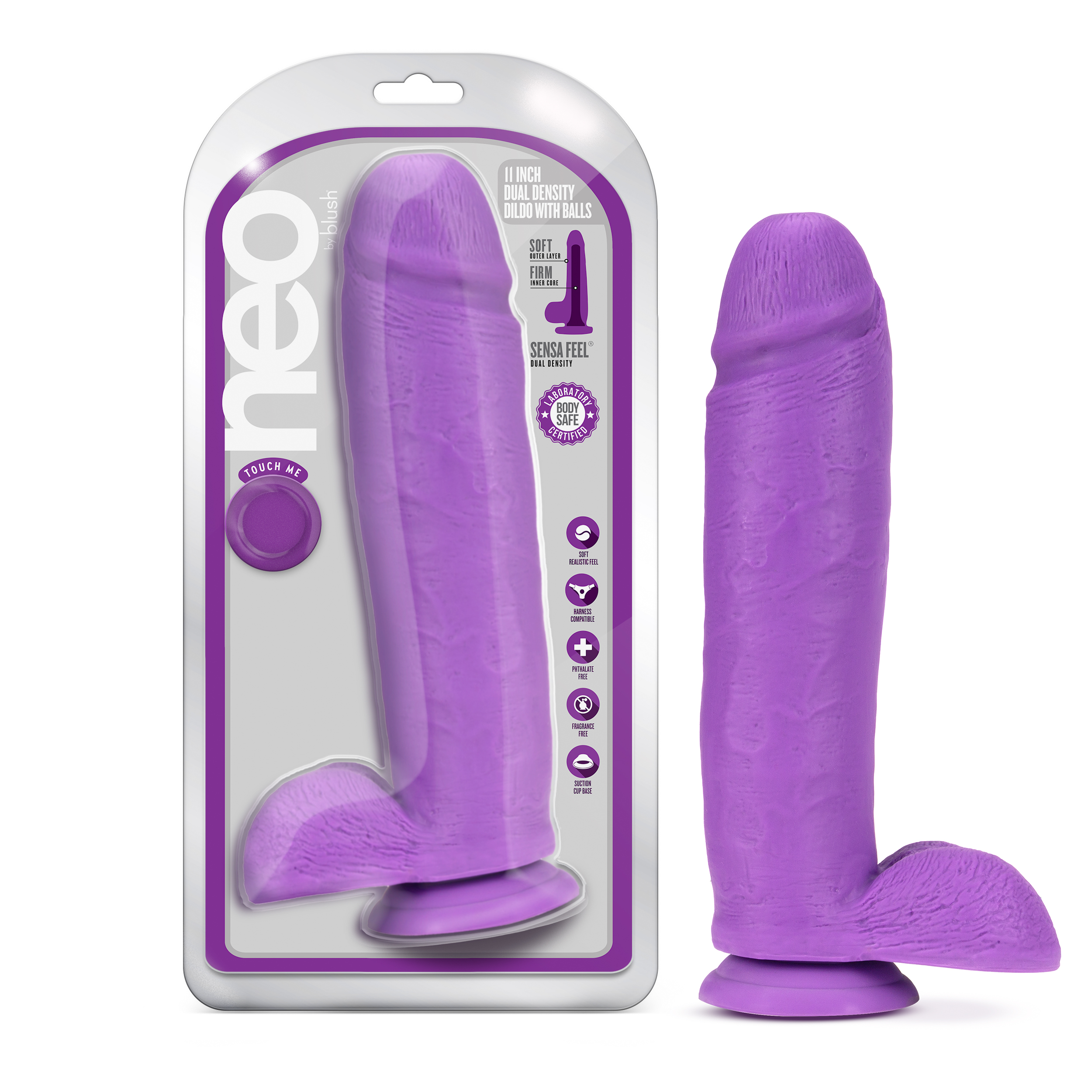 Blush Neo Realistic Neon Purple 11-Inch Long Dildo With Balls & Suction Cup Base