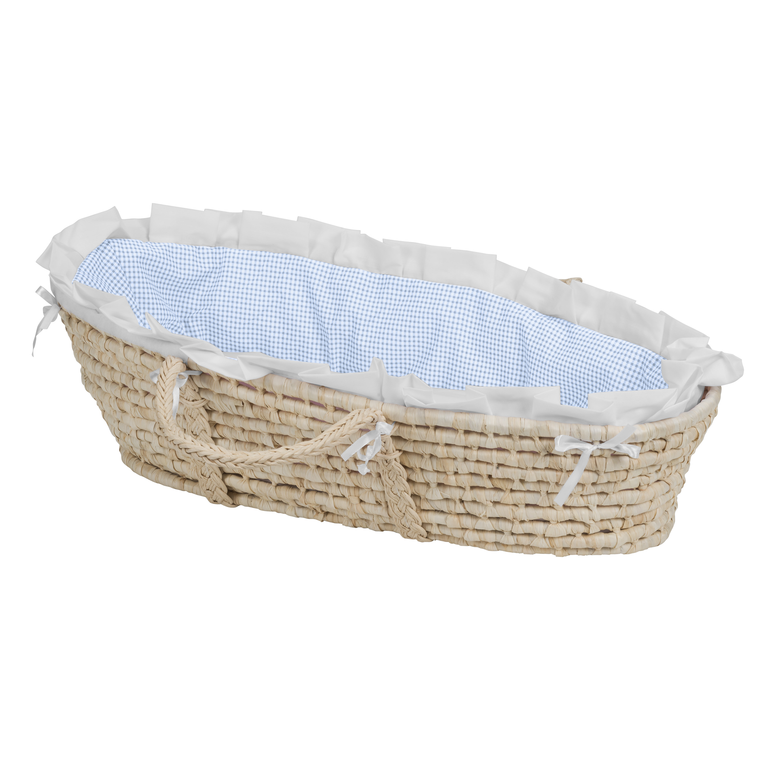Natural Moses Basket - Blue Gingham Bedding