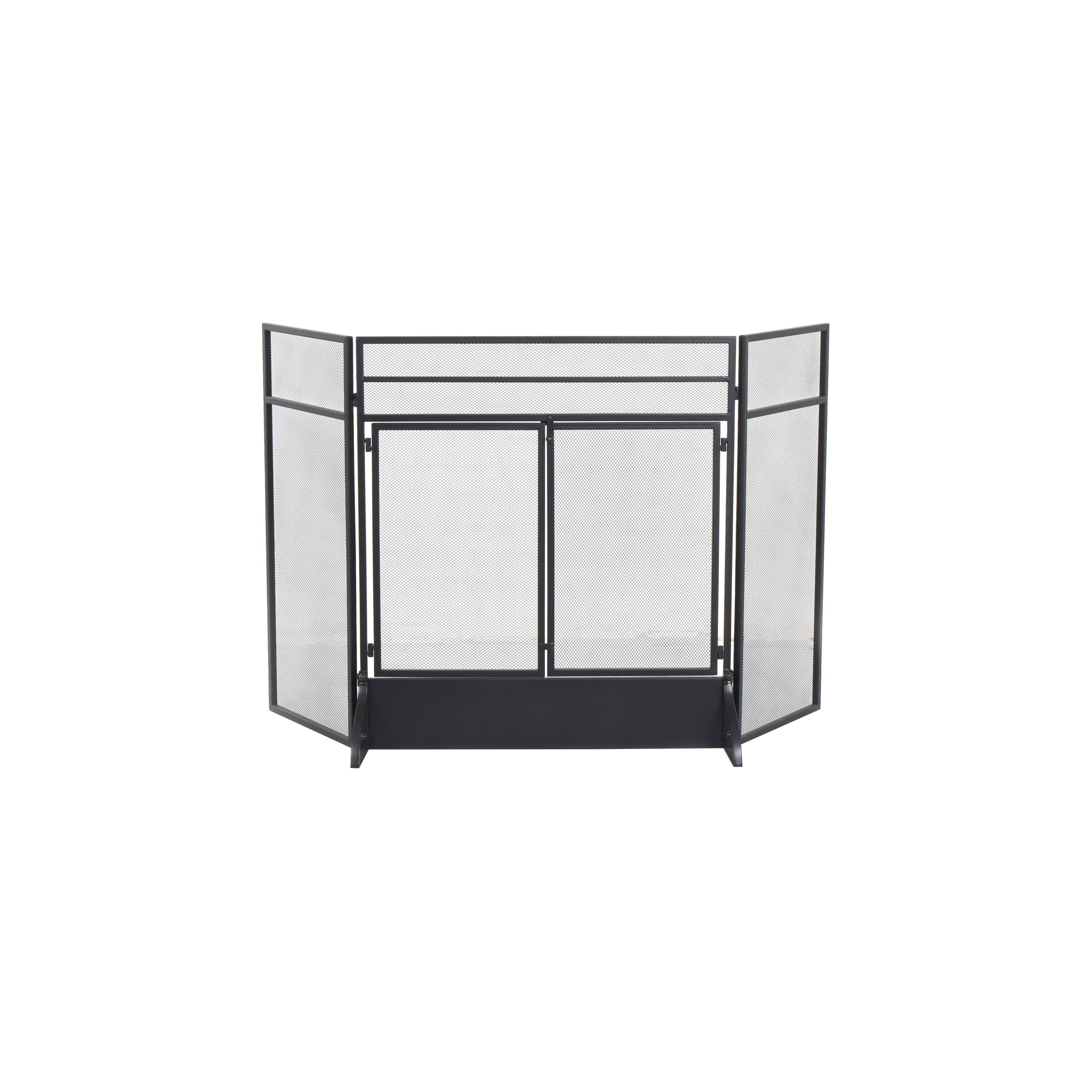 Black Metal Geometric Minimalistic 3 Panel and 2 Door Living Room Fireplace Screen with Mesh Backing, 27" x 19" x 30"