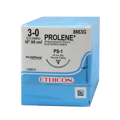 PROLENE® Polypropylene Blue Monofilament Sutures, 3-0, PS-1, Precision Point-Reverse Cutting, 18" - 12/Box