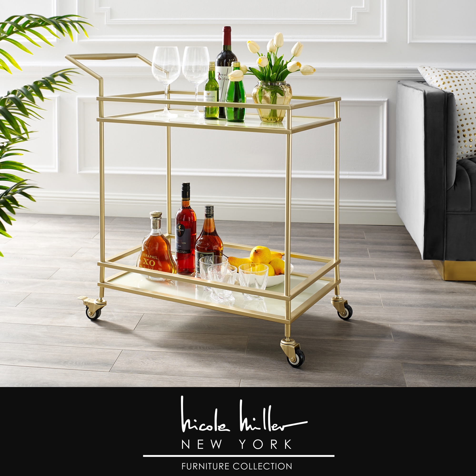 Nicole Miller Gold/White Bar Cart Open Wine Bottle and Stemware Storage 2 Glass Shelves