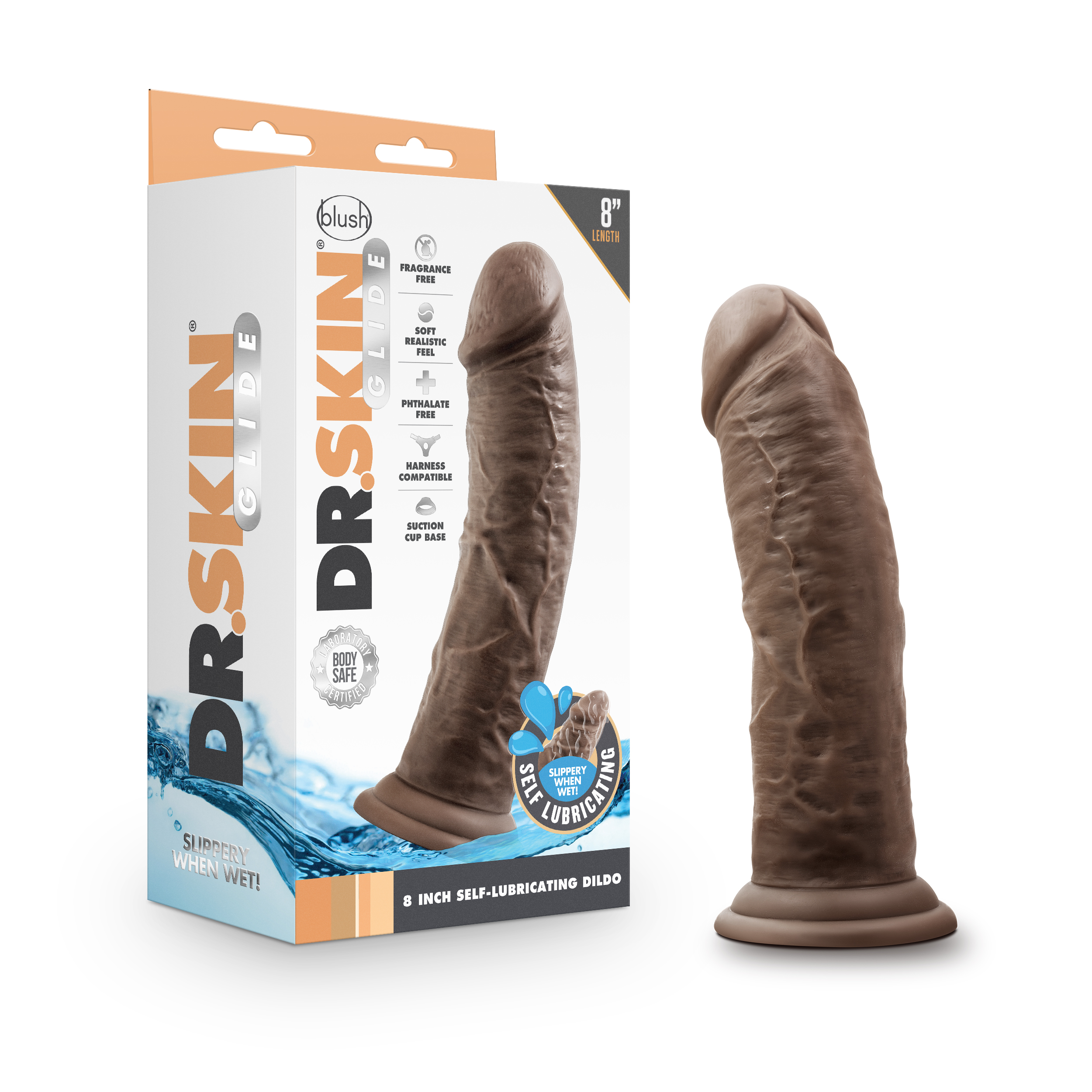 Blush Dr. Skin Glide Realistic Chocolate 8-Inch Long Dildo With Suction Cup Base