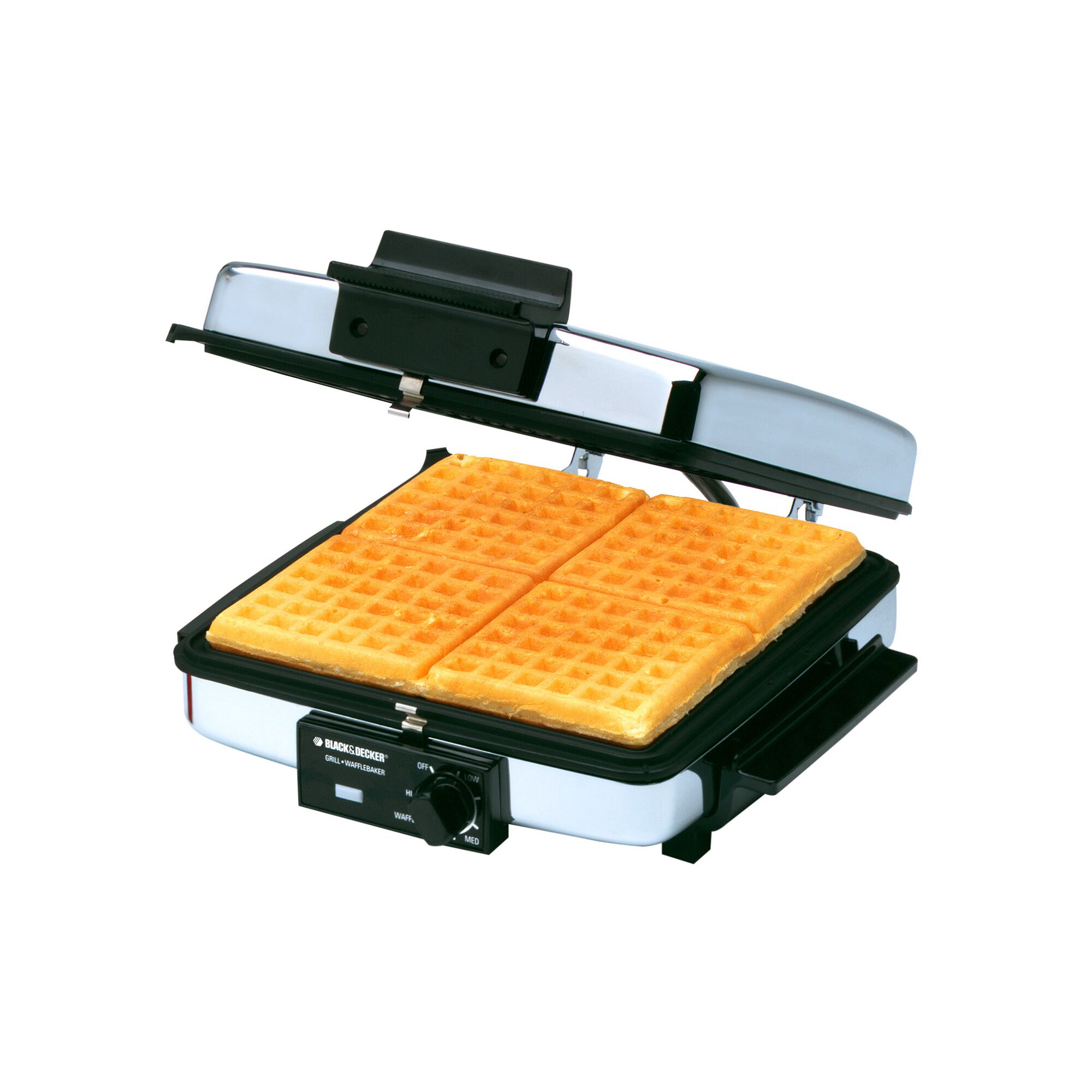 Profile of a 3 in 1 grill griddle and waffle maker.