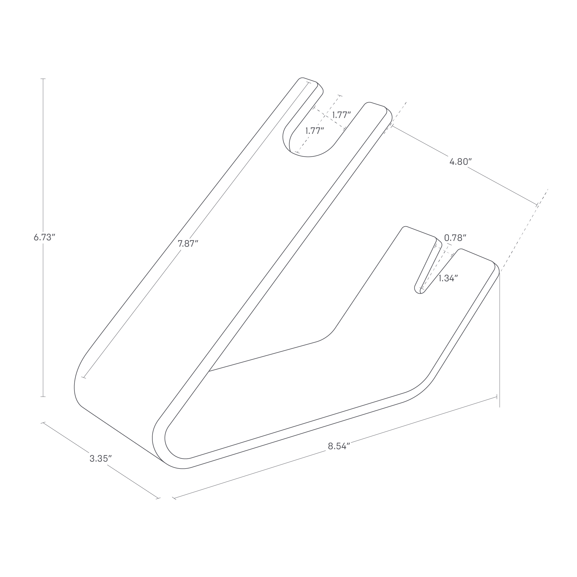 Dimension image of the hair dryer and iron stand featuring the dimensions L 8.54 x W 3.35 x H 6.73 inches