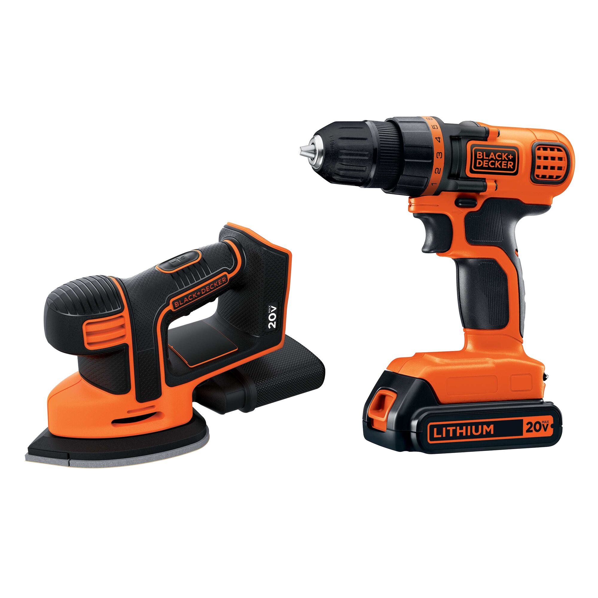 Profile of corded drill or driver and mouse detail sander combo kit.