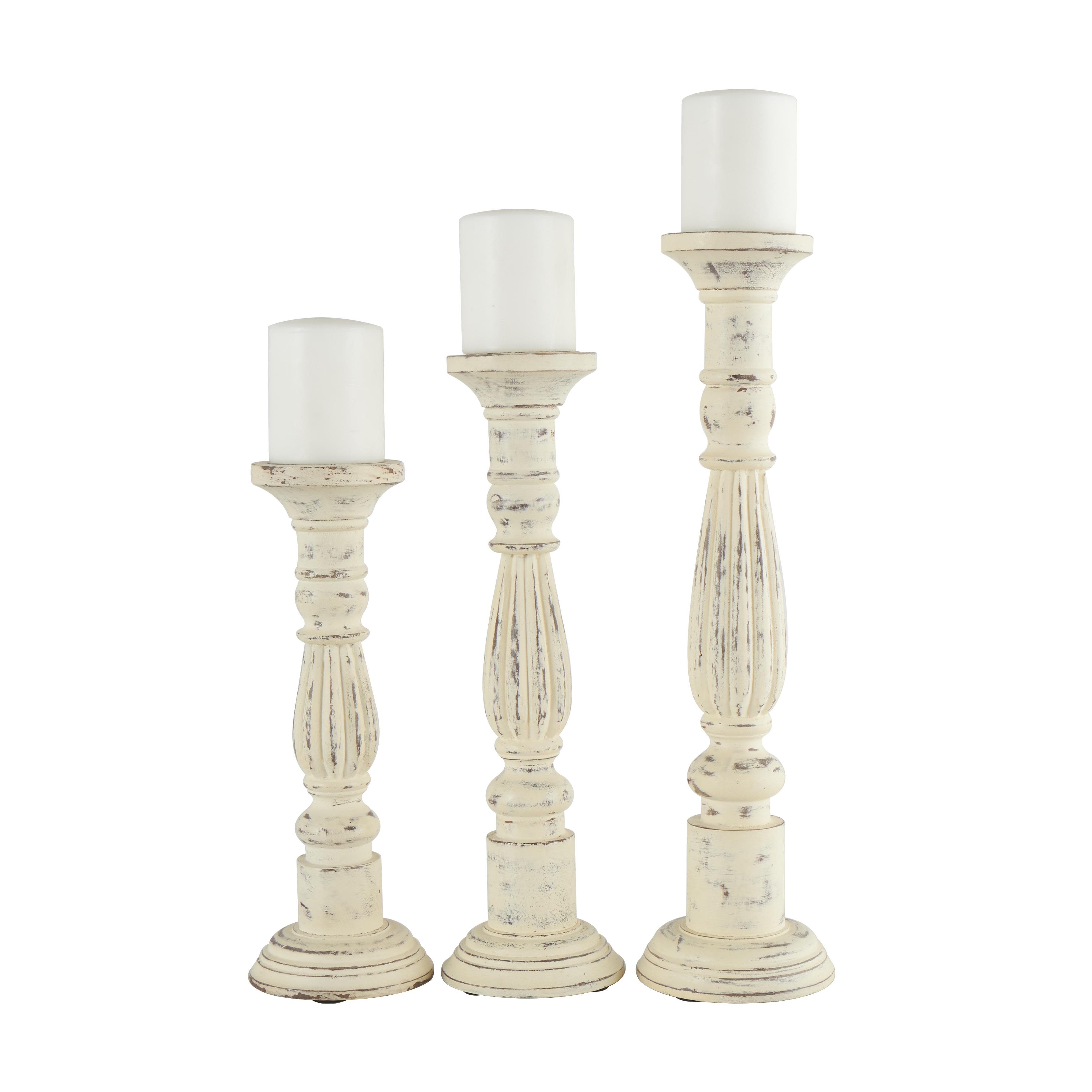 (4 set of 3 pcs) White Mango Wood  Tall Distressed Turned Decorative Candle Holder, 21\", 17\", 15\"H