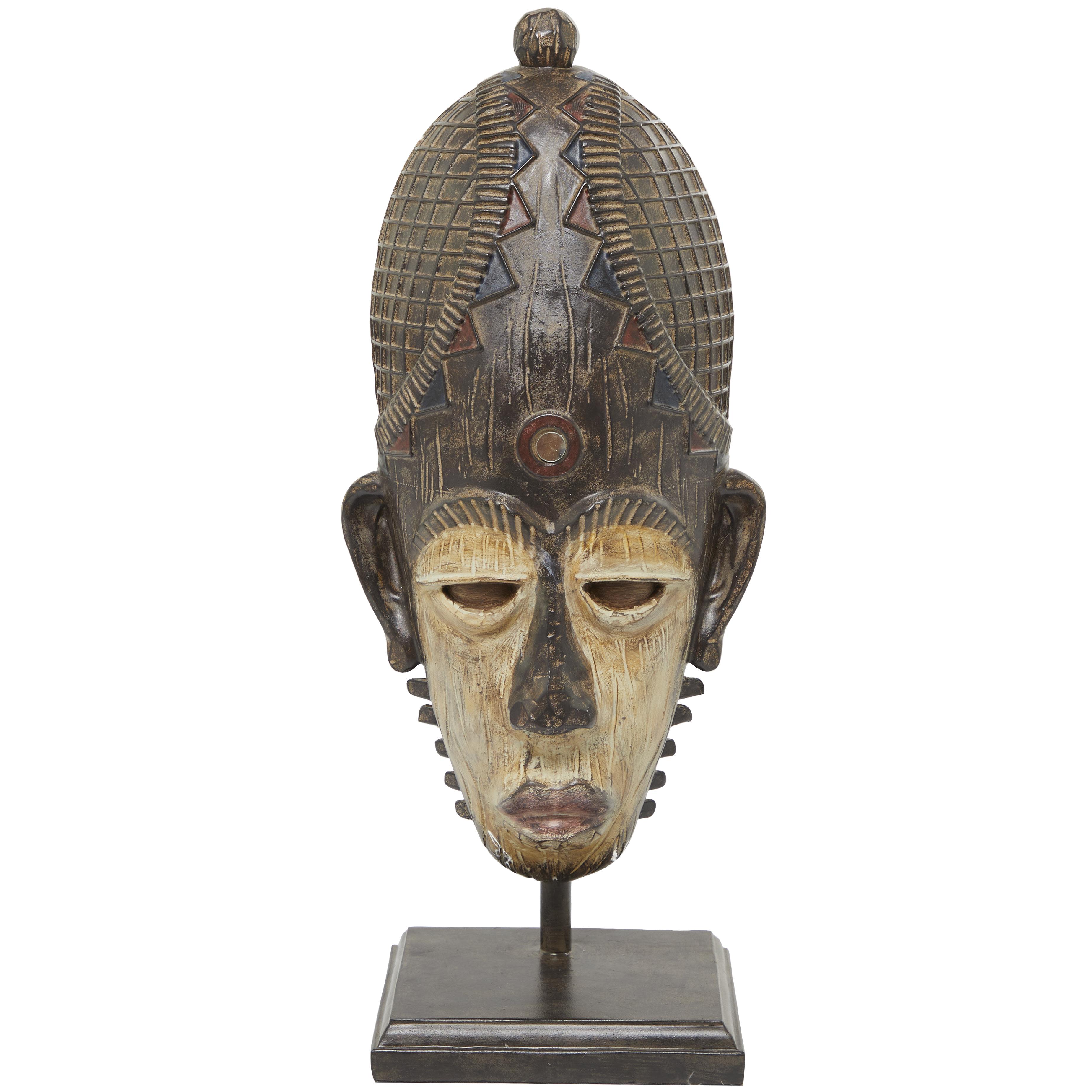 Brown Polystone Mask African Tribal Decorative Sculpture with Cream and Rust Accents, 8" x 6" x 21"