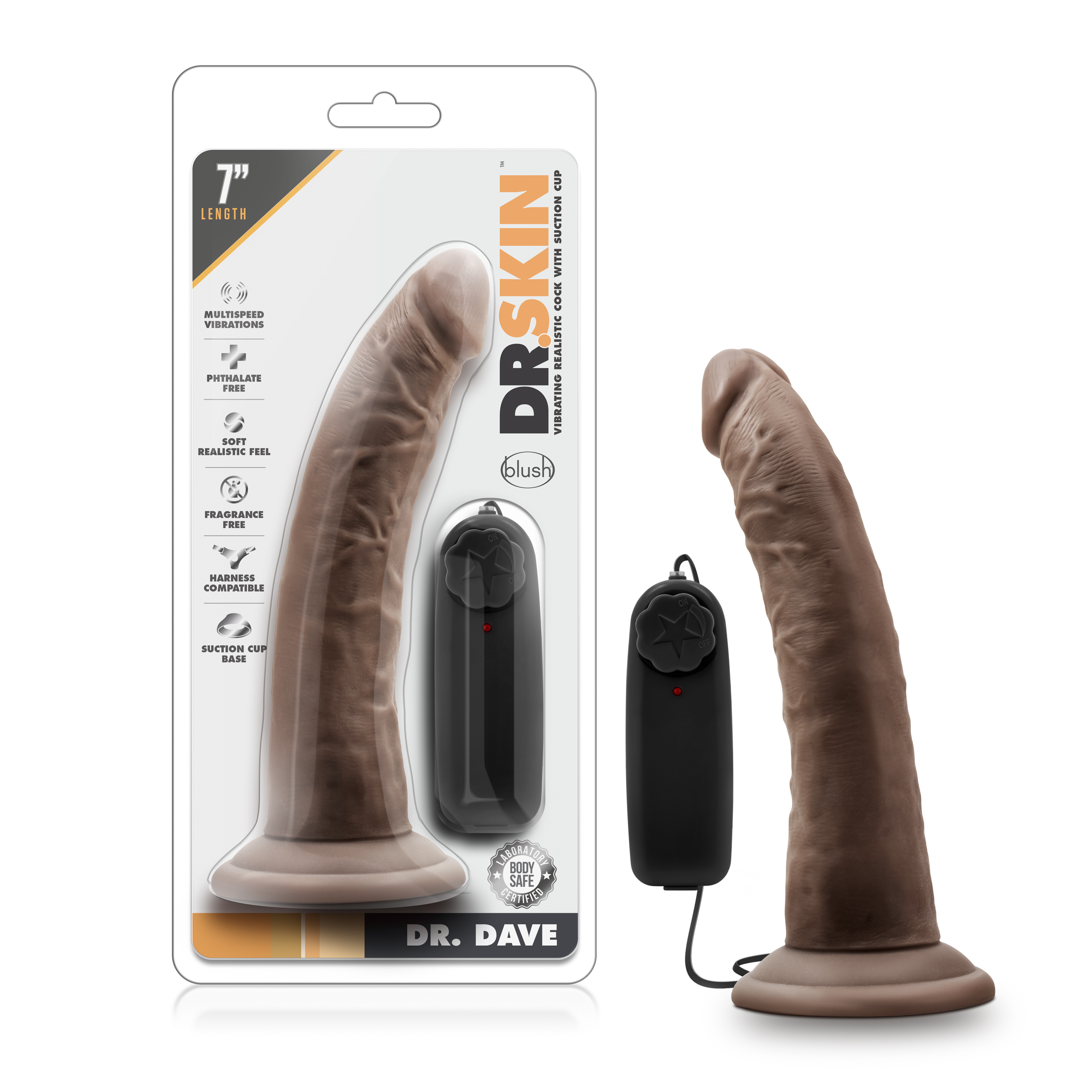 Blush Dr. Skin Dr. Dave Realistic Chocolate 7.5-Inch Long Remote Control Vibrating Dildo With Suction Cup Base