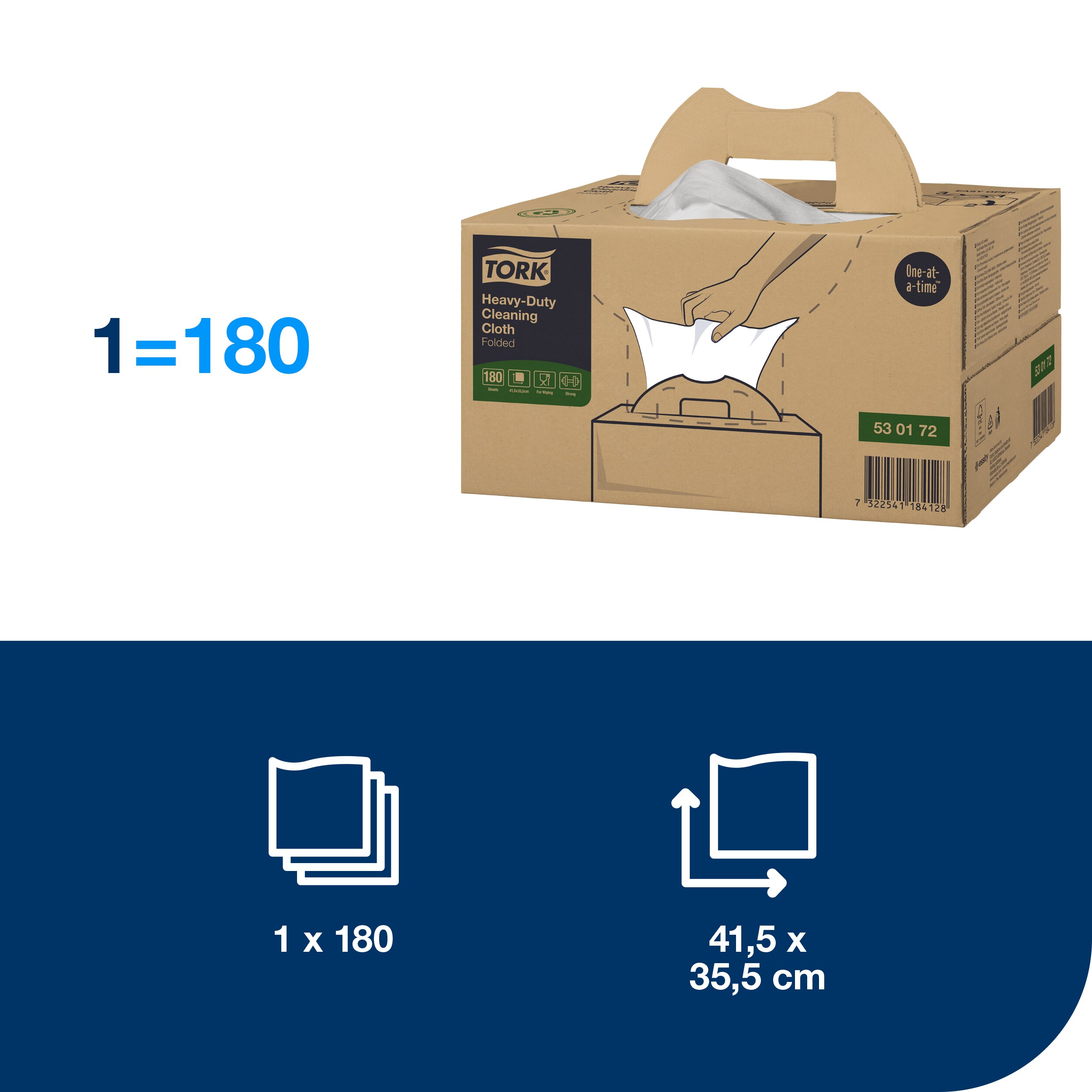 Aftørringsklud, Industri, 1 lag, 180 klude, Tork Kraftig W7