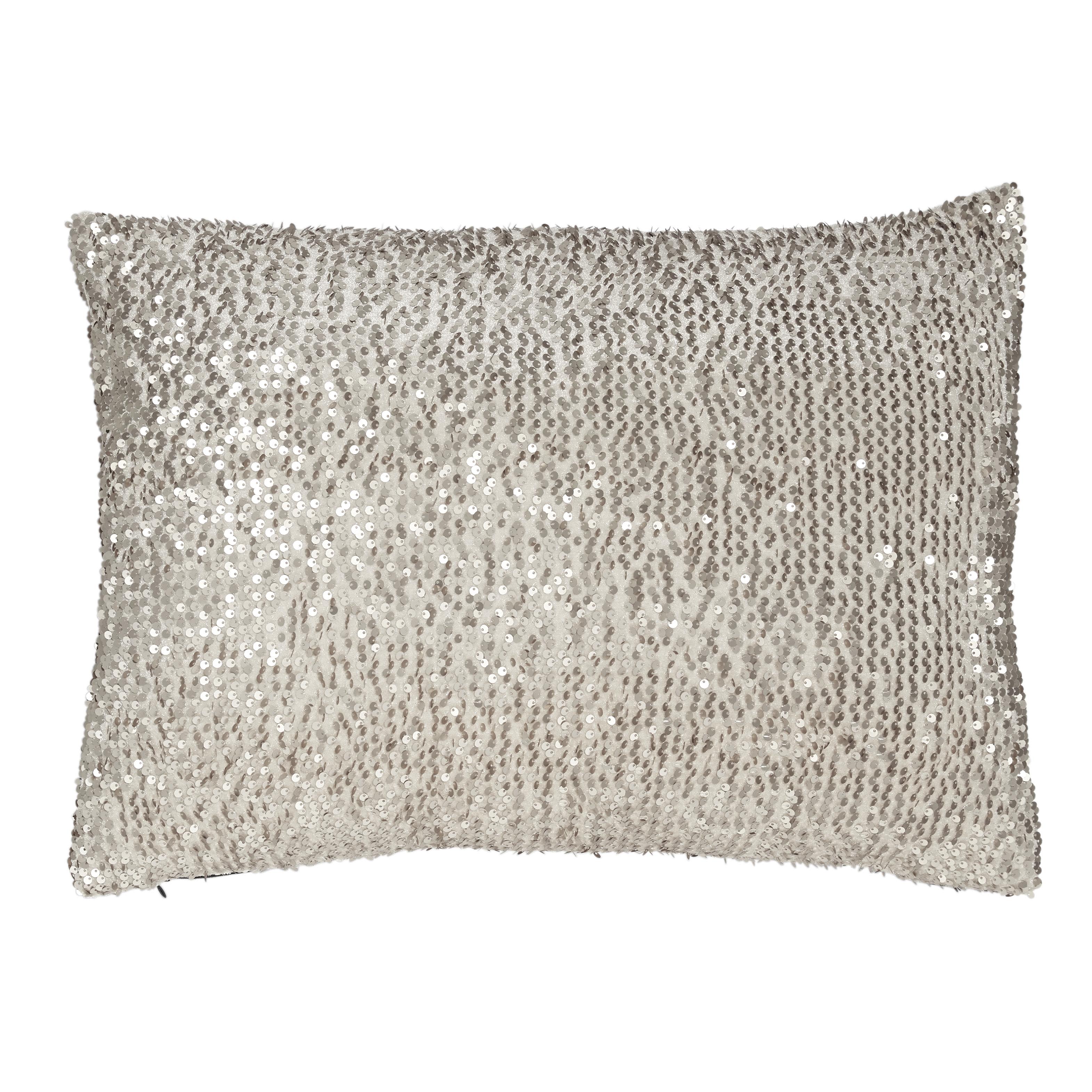 Rectangular White Velvet and Gray Sequin Lumbar Pillow, 22.5" x 7.5