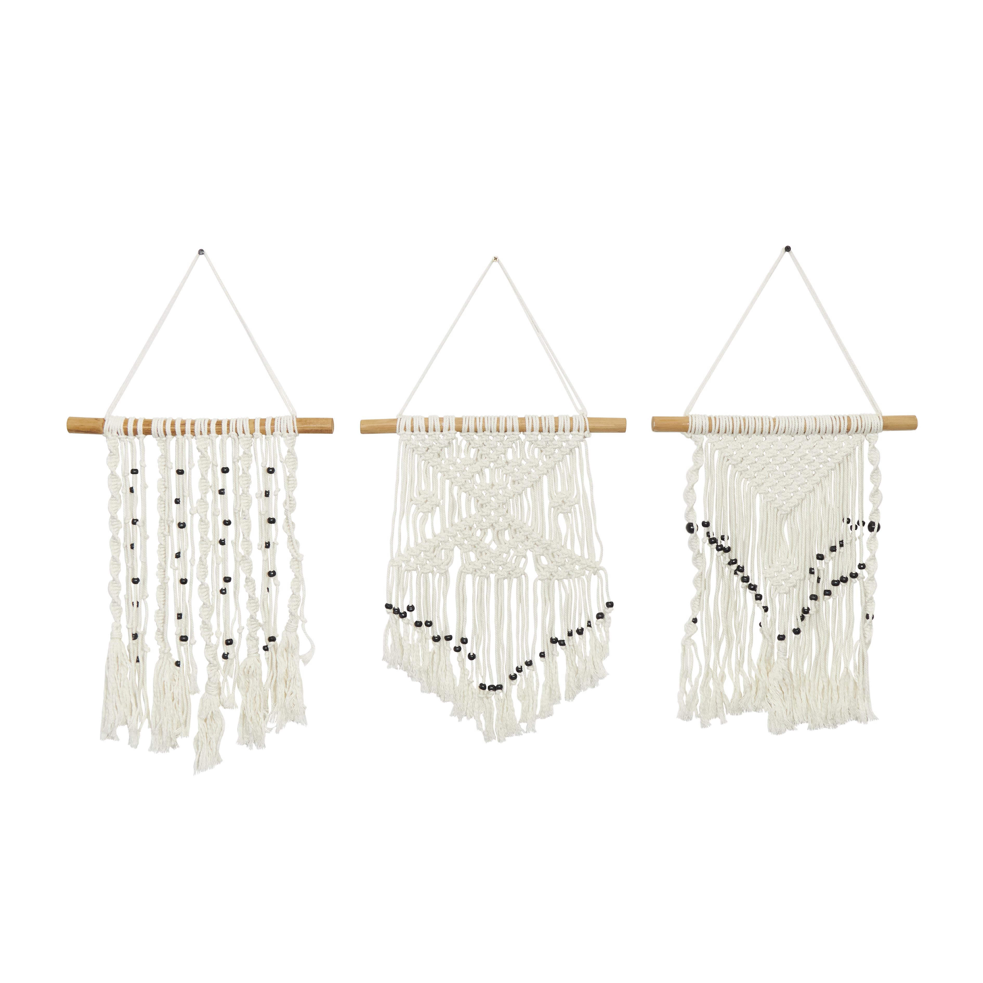 *Set of 2*The Novogratz Cream Cotton Fabric Macrame Handmade Intricately Weaved  WD CTTN WALL DECOR S/3 14"W, 26"H Home Wall Decor with Beaded Fringe Tassels, Set of 3 14"W, 26"H