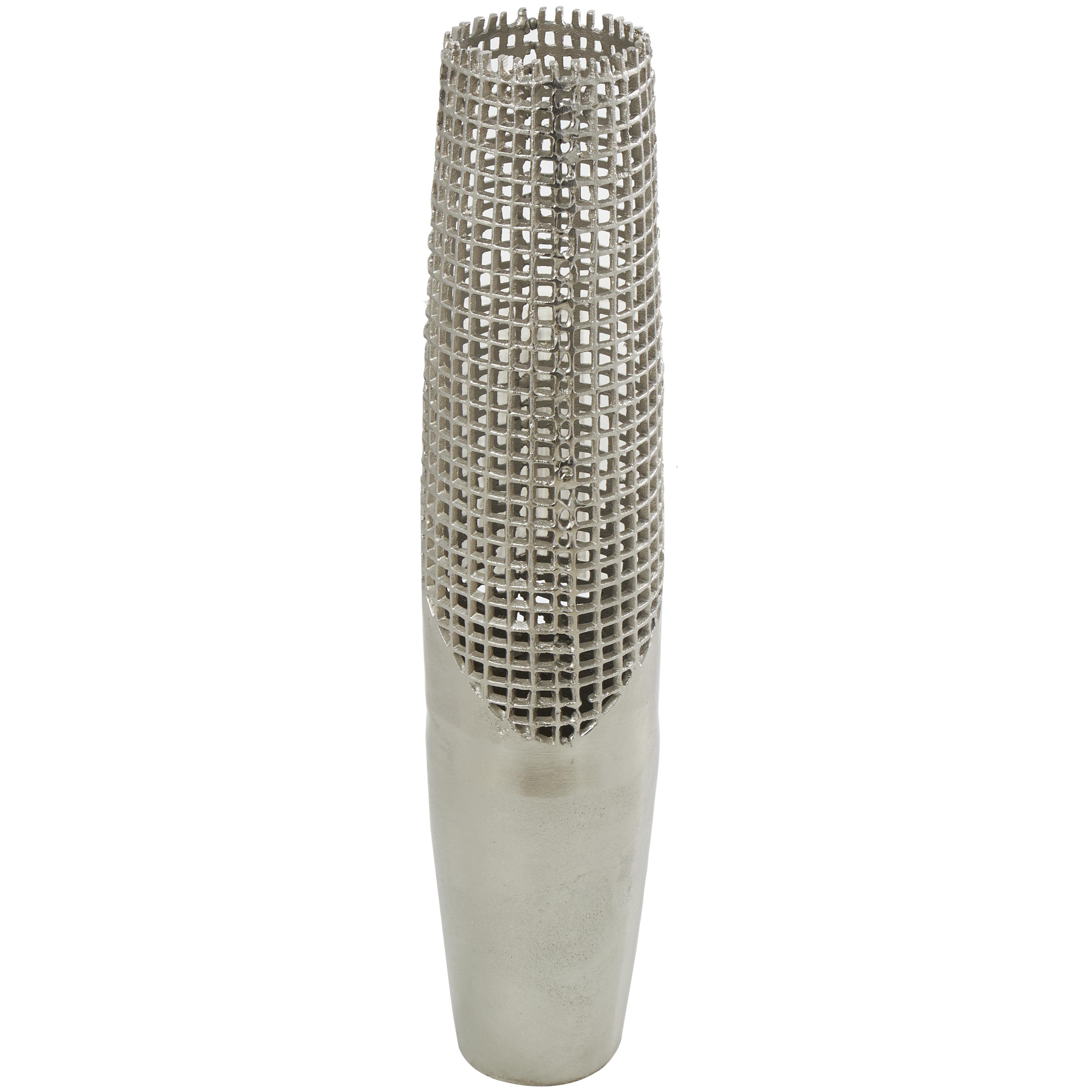 Silver Aluminum Metal  Tall Grid Inspired Decorative Vase with Open Frame Design, 6" x 6" x 29"