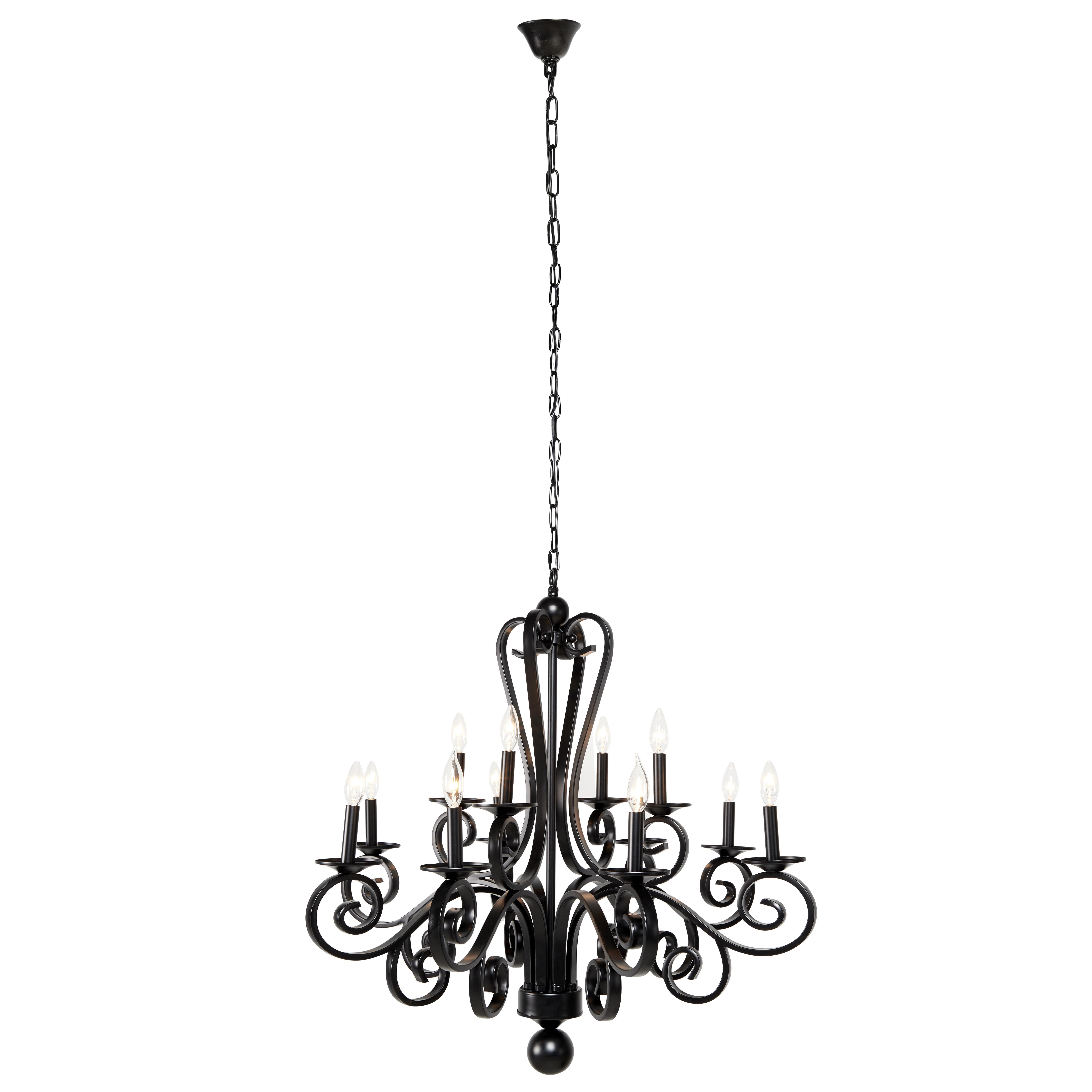 Black Metal  Antique Style Room Chandelier with Scrolls, 36" x 36" x 35"