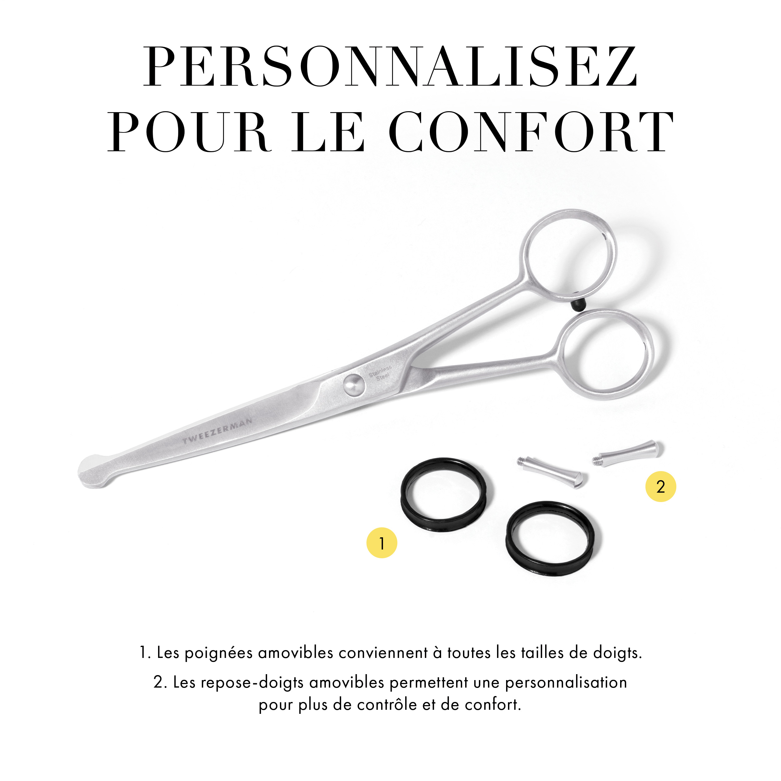 Personnalisé pour le confort 1. Les poignées amovibles conviennent à toutes les tailles de doigts. 2. Les repose-doigts amovibles permettent une personnalisation pour plus de contrôle et de confort.