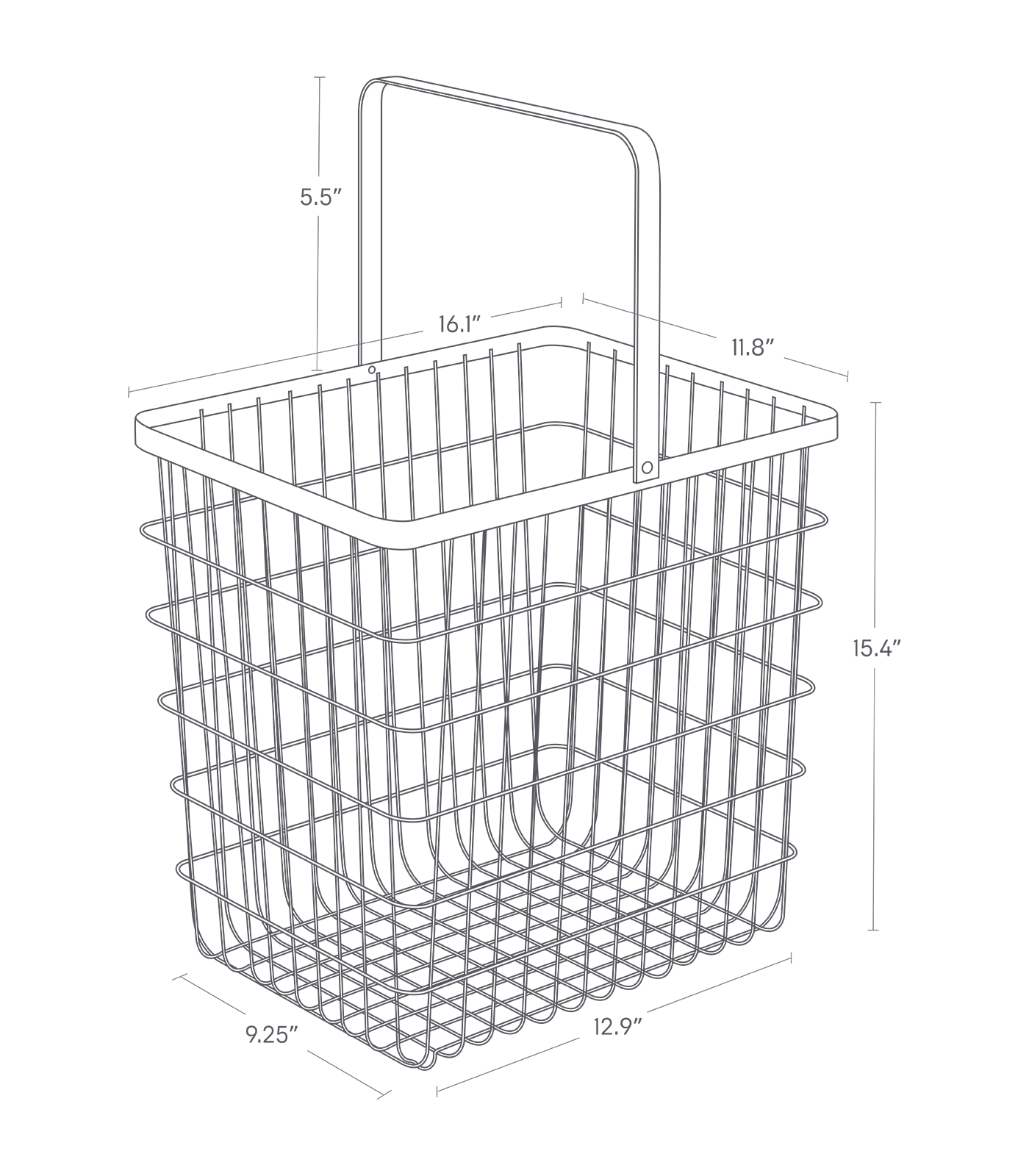 Dimension image for Wire Basket showing a total bottom length of 12.9"and width of 9.25" and height of 15.4". Top length and width is 16.1" and 11.8". Basket handle is 5.5" long.