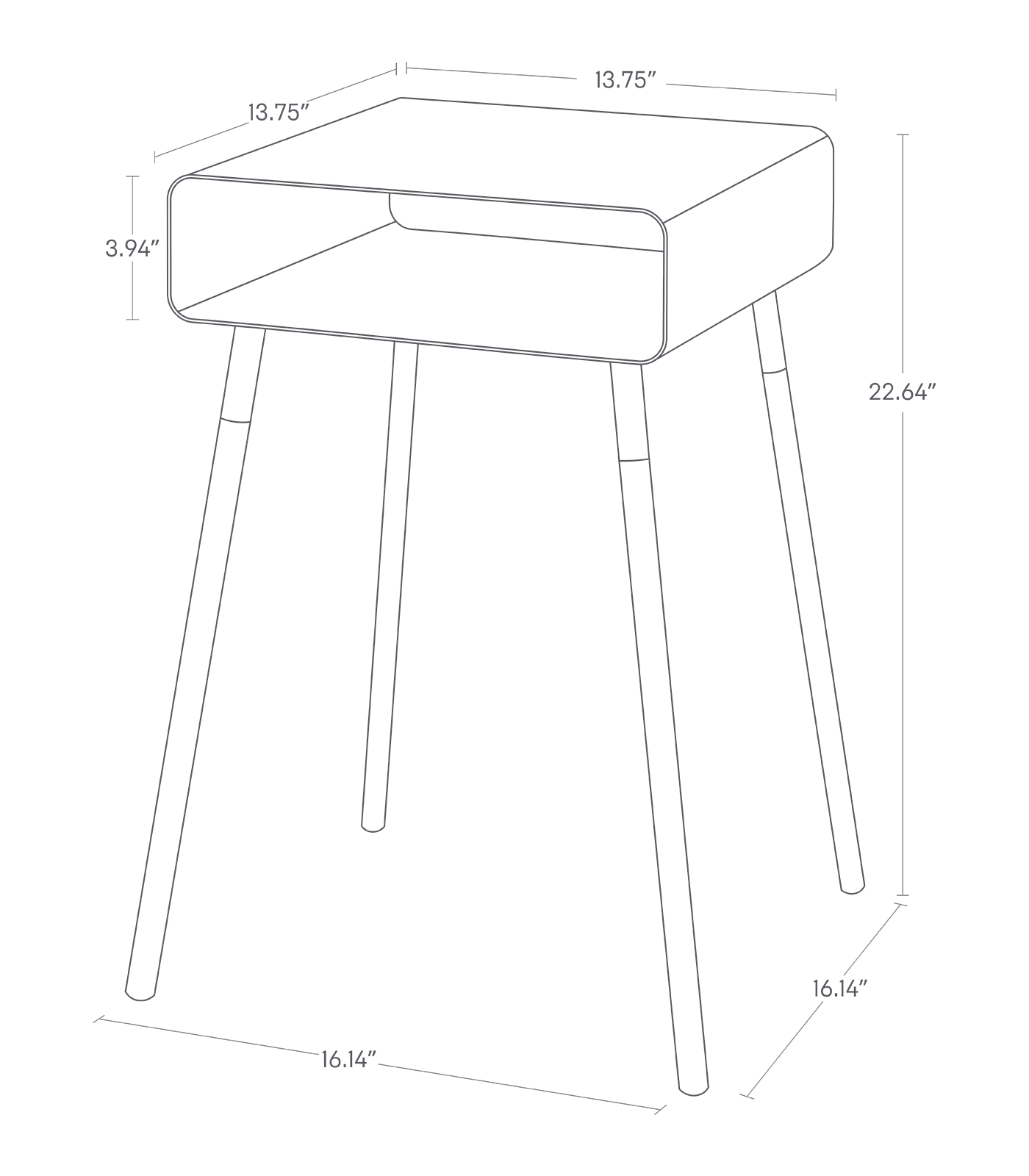 Dimension image for Storage Table showing length of 13.75", width of 13.75" and height of 22.64"