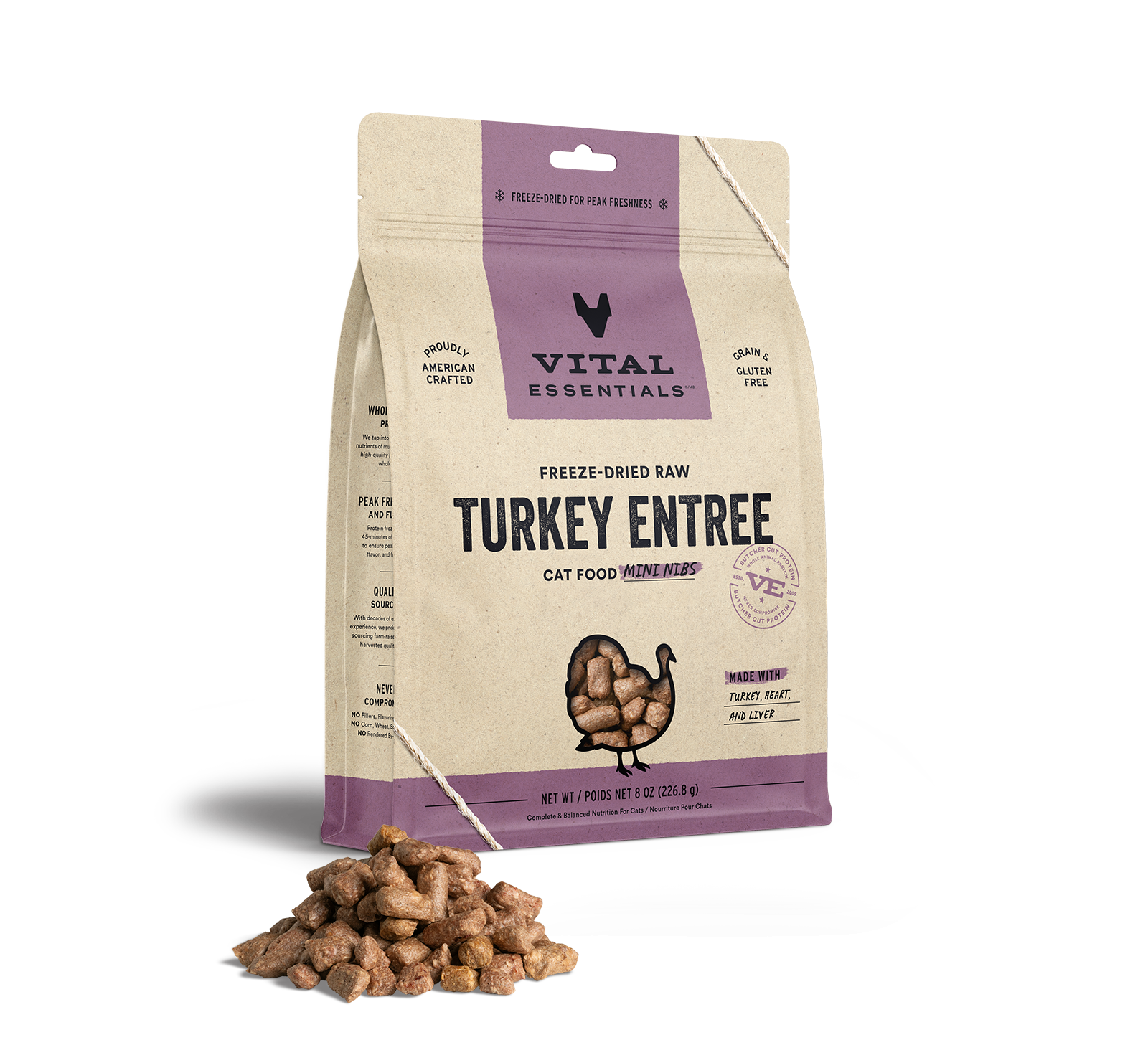 Vital Essentials Freeze-Dried Raw Turkey Entree Cat Food Mini Nibs, 8 oz - Healing/First Aid