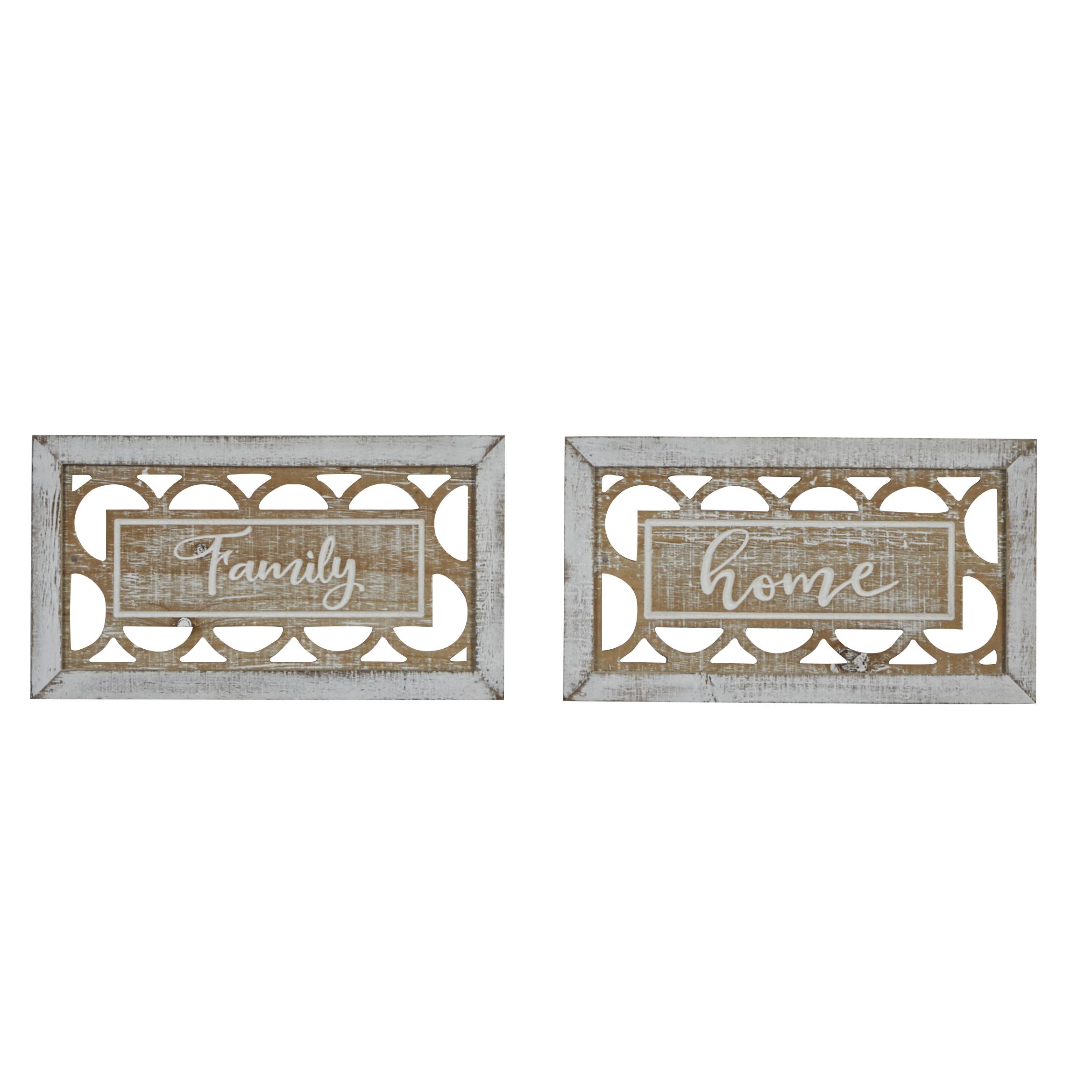 White Wood Sign Carved Wall Decor, Set of 2 12\"W, 7\"H