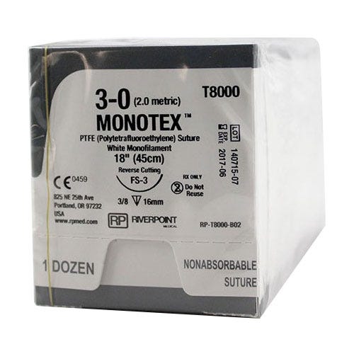 MONOTEX® PTFE (Polytetrafluoroethylene) White Monofilament Non-Absorbable Sutures, 3-0, FS-3, Reverse Cutting, 18" - 12/Box