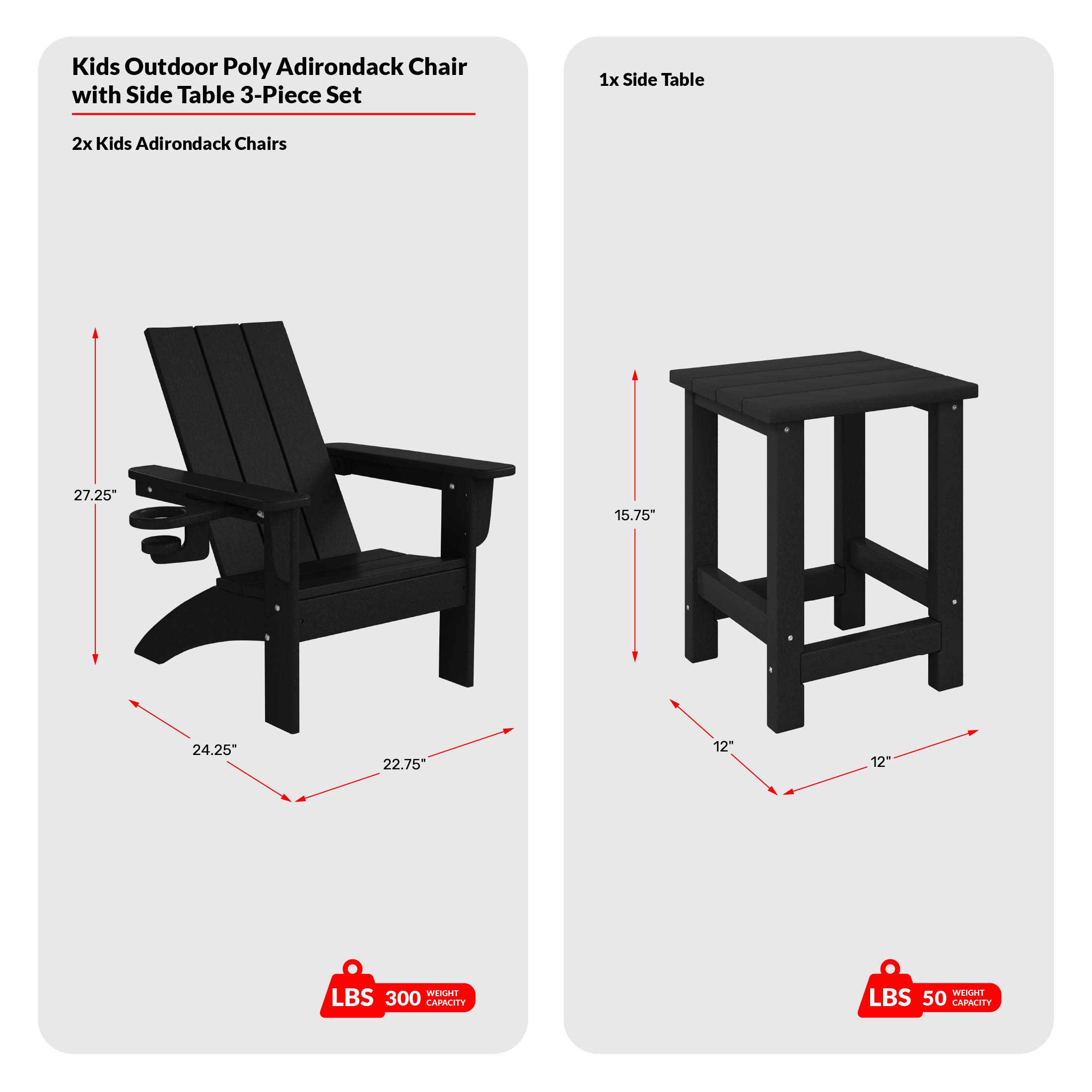 3-Piece Kids HDPE Modern Adirondack Chairs Set with Square Side Table and Cup Holders COS Spec Image