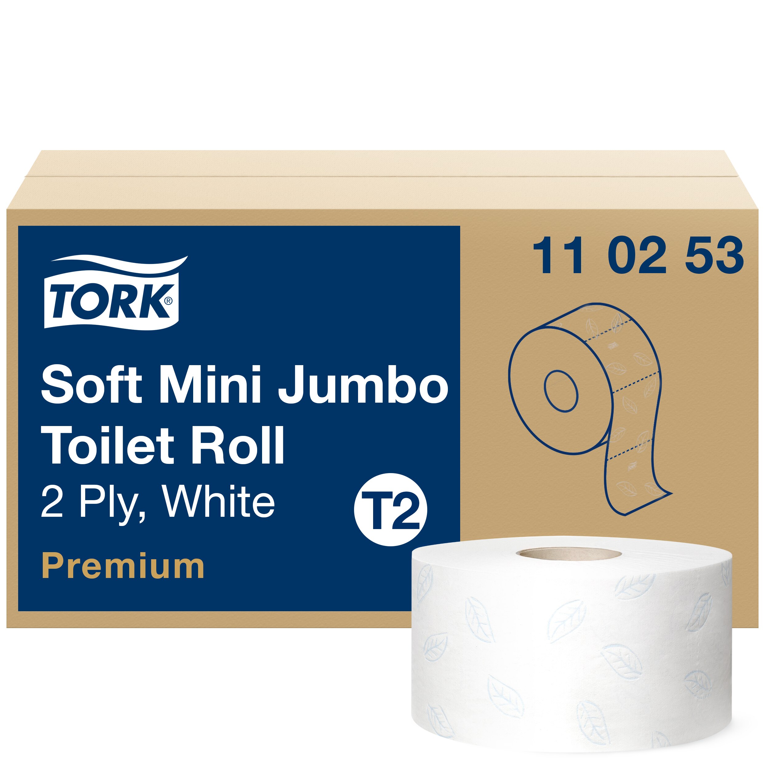 Toiletpapir, Udvendig oprulning, 2 lag, 12 ruller, Tork Premium Soft Jumbo Mini T2