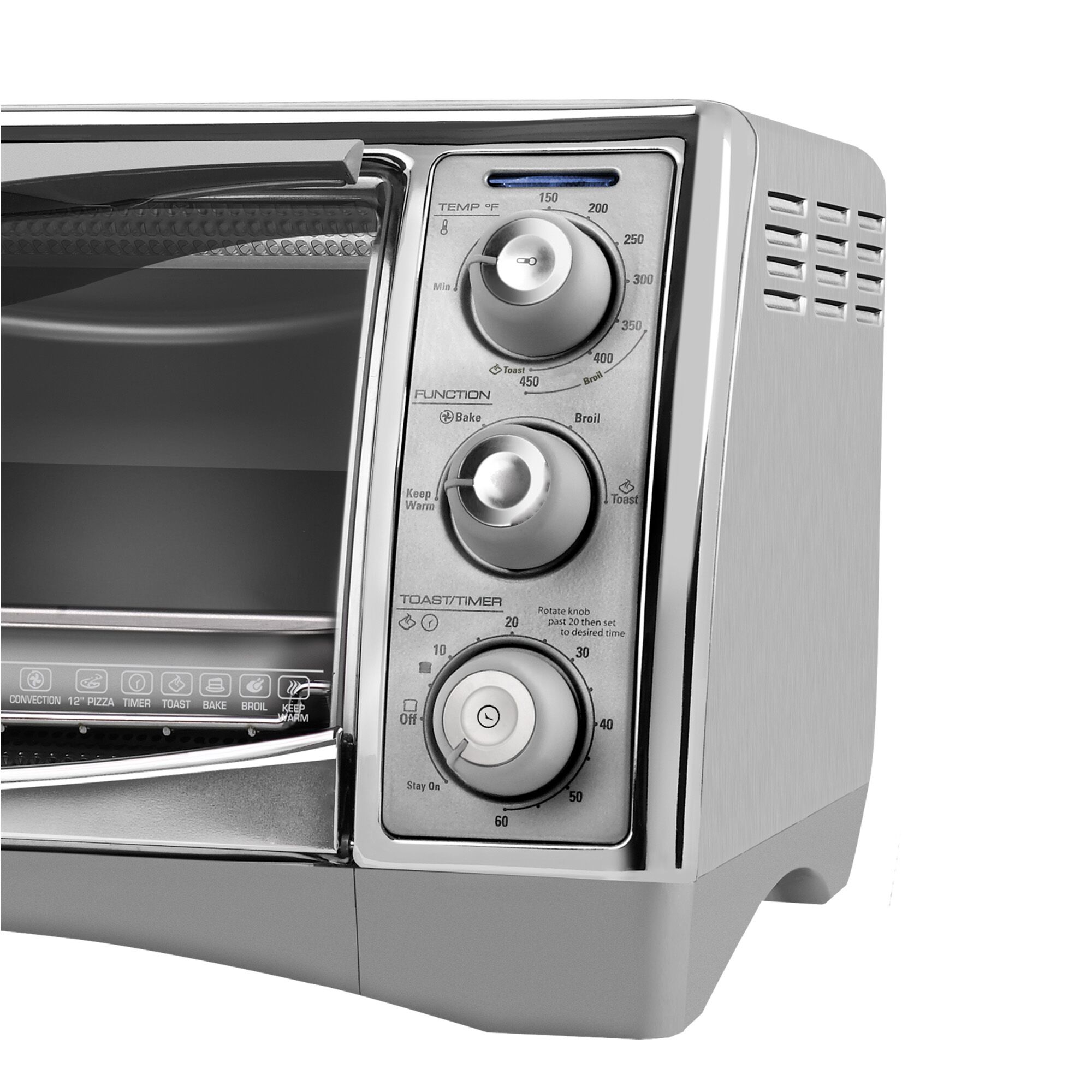 Close up of 6 slice countertop convection toaster oven.