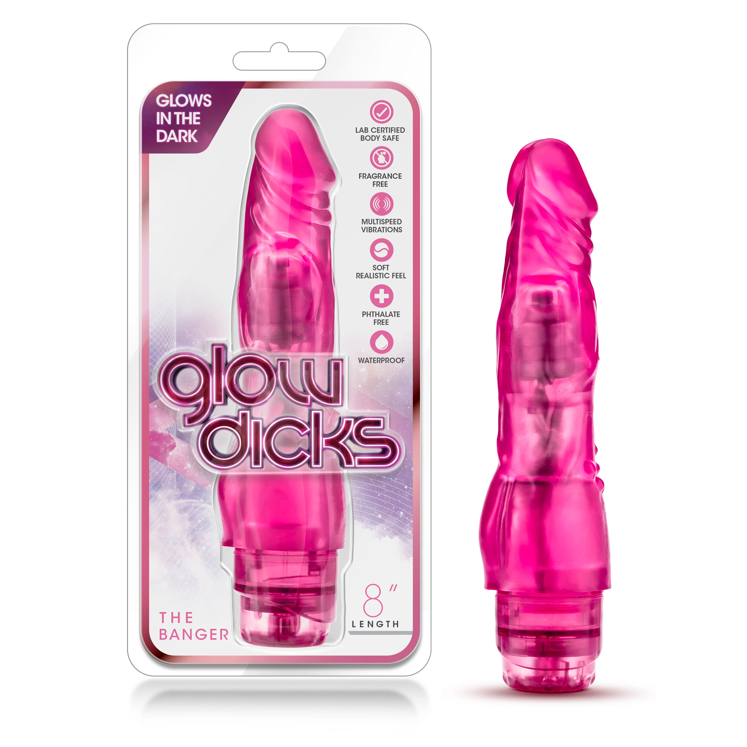 Blush Glow Dicks The Banger Realistic Pink 8-Inch Long Vibrating Dildo