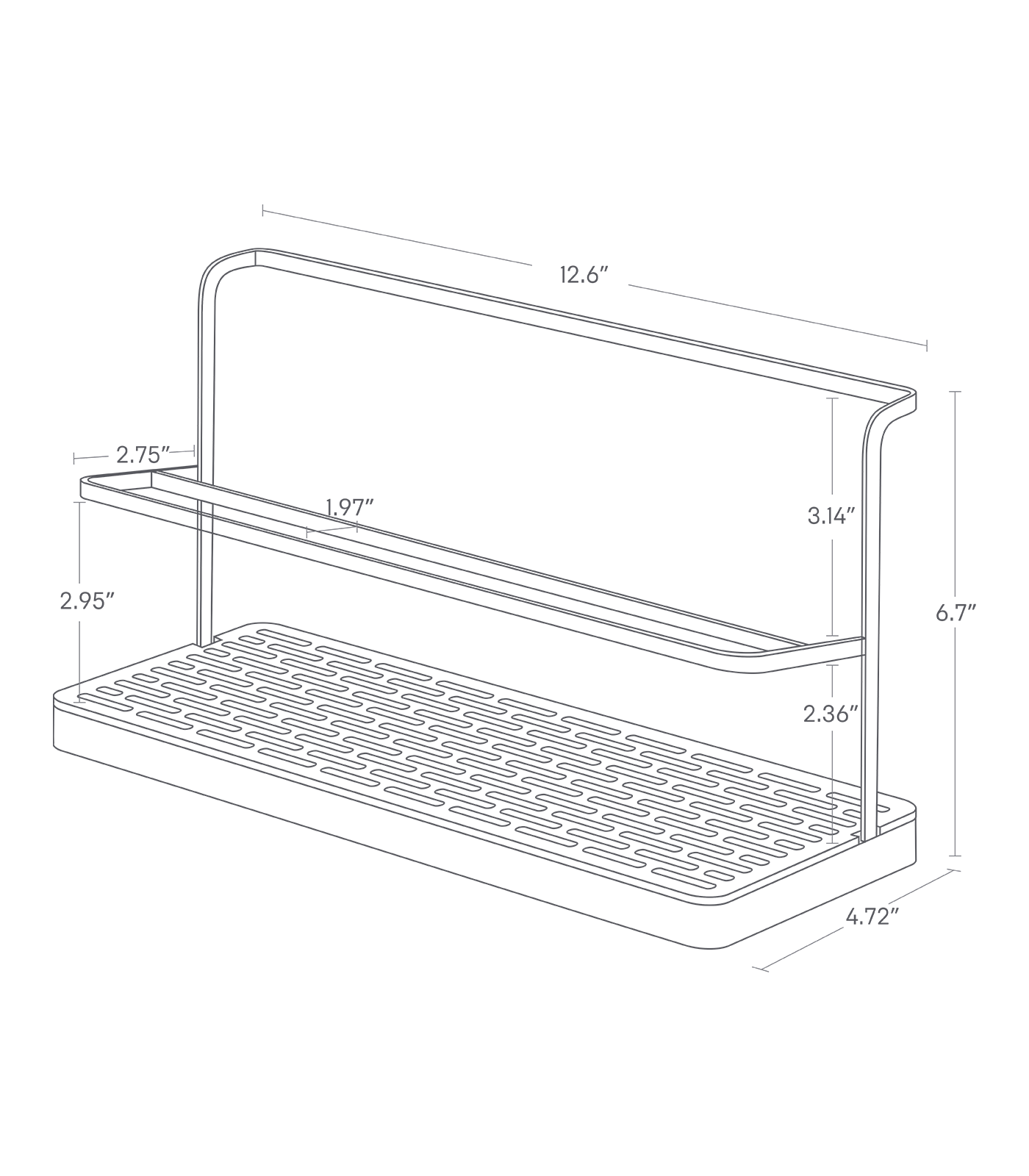 Dimension image for Countertop Bottle Drying Rackon a white background showingthe length of 12.6", width of 4.72", and height of 6.7". The holder is positioned 2.36" above the bottom, with the outer frame measuring 2.75" in width at a height of 2.95". There is a space of 1.97" for the bar.