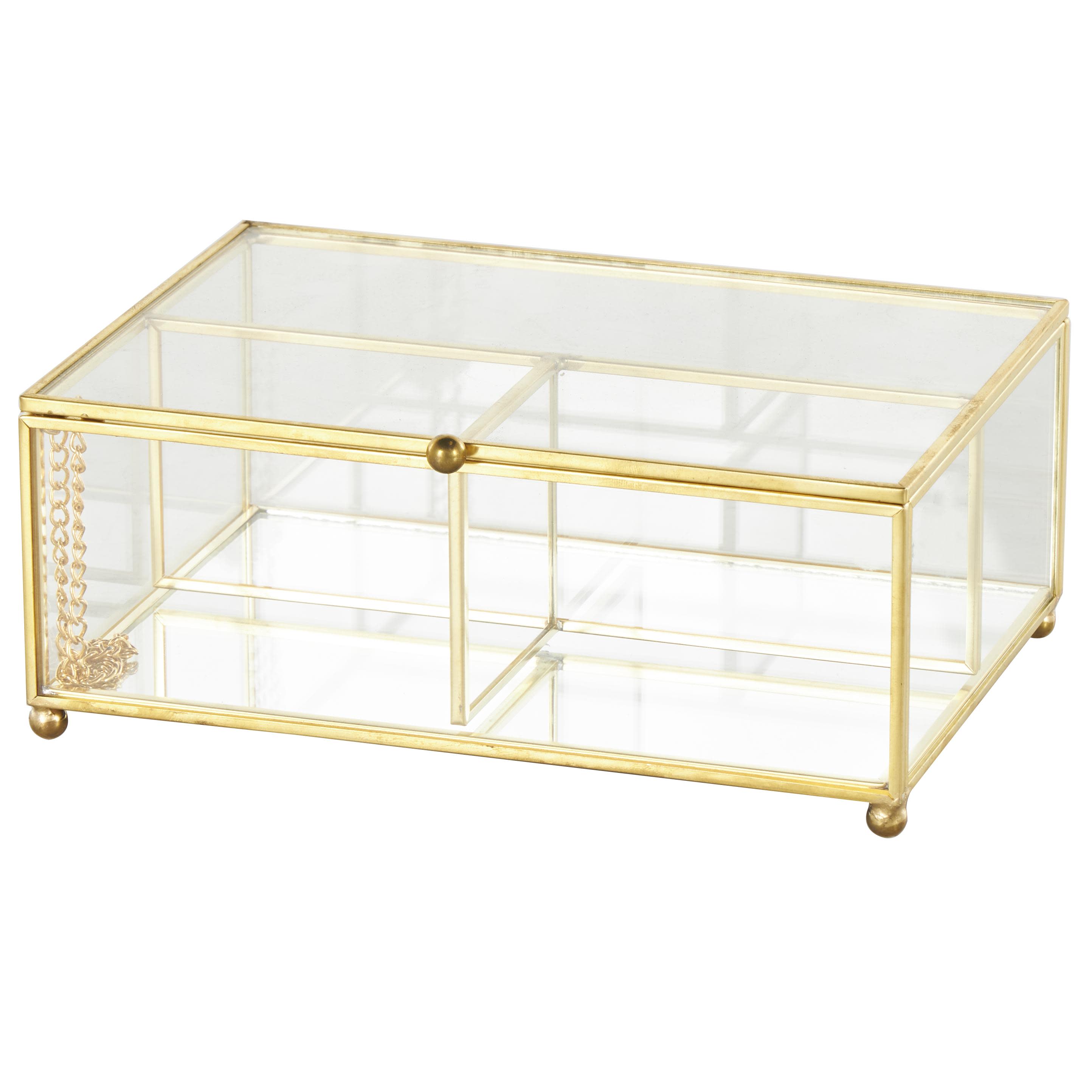 Clear Glass  3 Slot Decorative Jewelry Box with Gold Metal Frame and Chain Accent, 7" x 5" x 3"