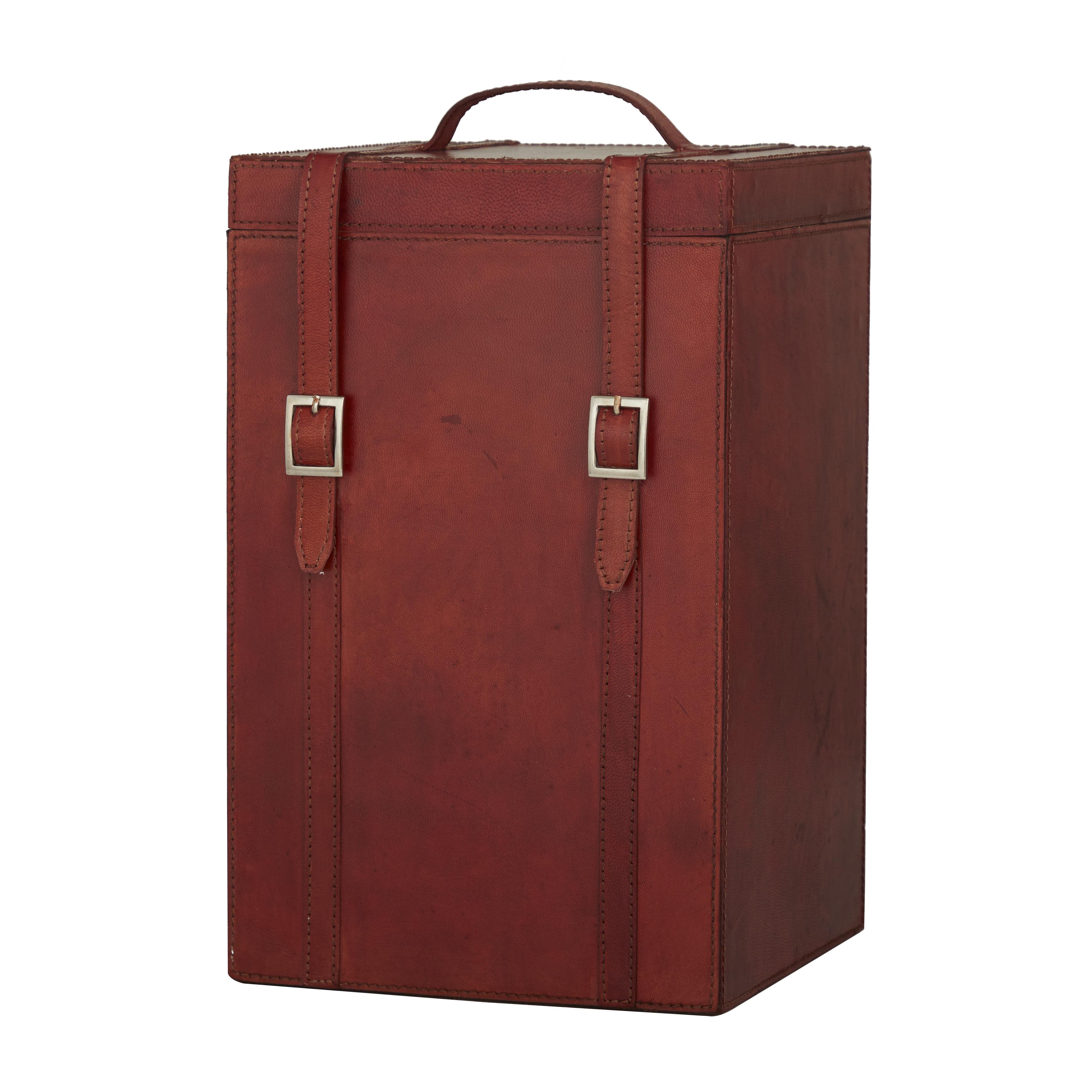 Red Leather  Handmade 4 Bottle Wine Holder with Carrying Handle, 9" x 10" x 16"