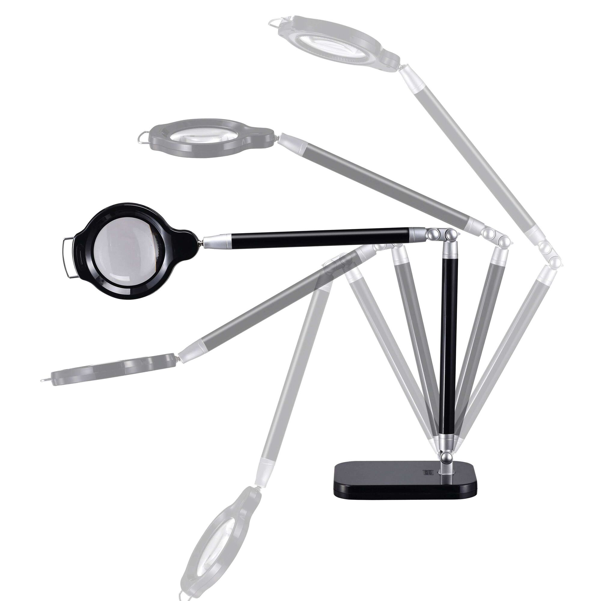 Adjustable lamp head and lamp arm to position light zone feature of Ultra Reach Magnifier L E D Desk Lamp.
