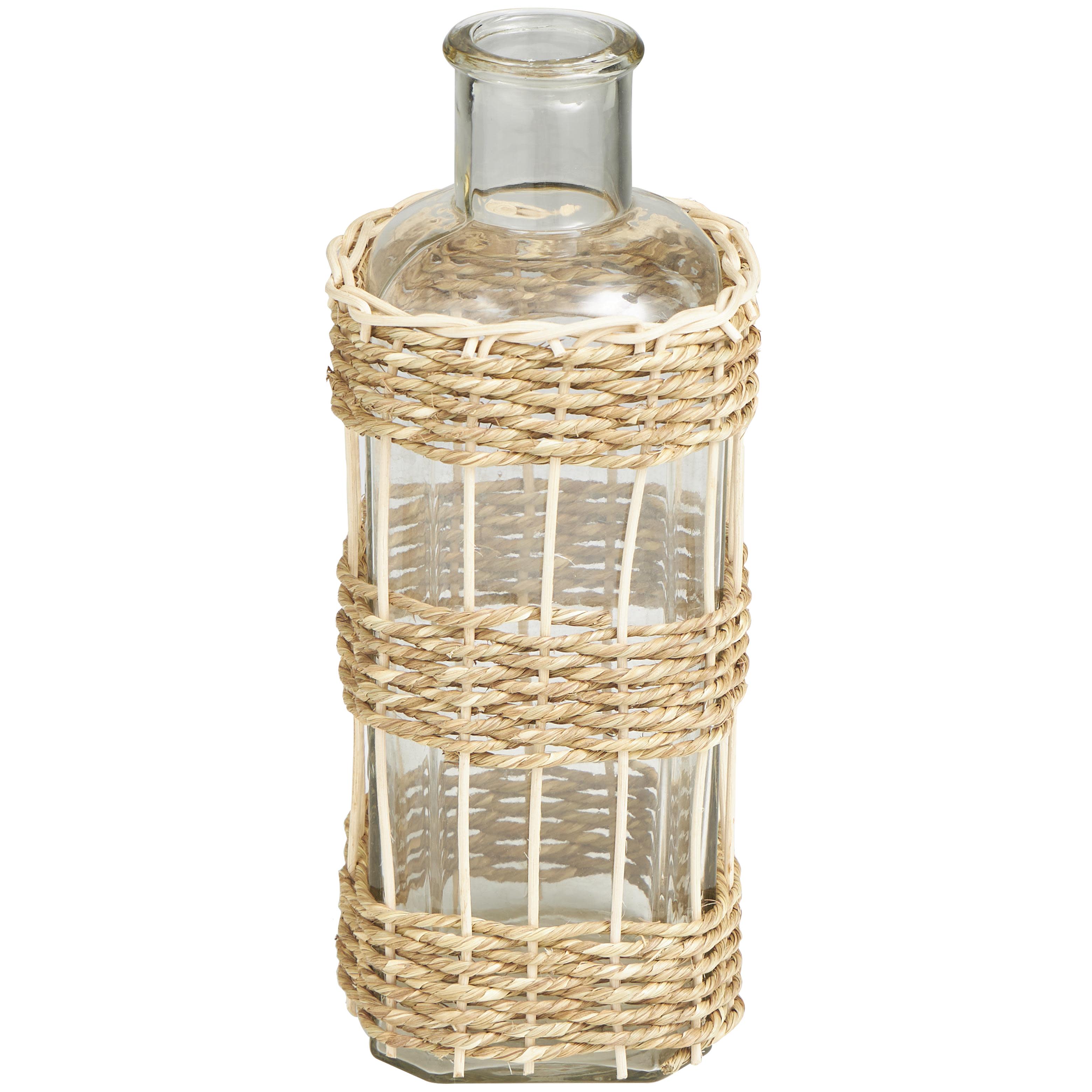 ( 3 pcs )Clear Glass  Handmade Decorative Vase with Light Brown Rattan Woven Body, 5\" x 5\" x 13\"